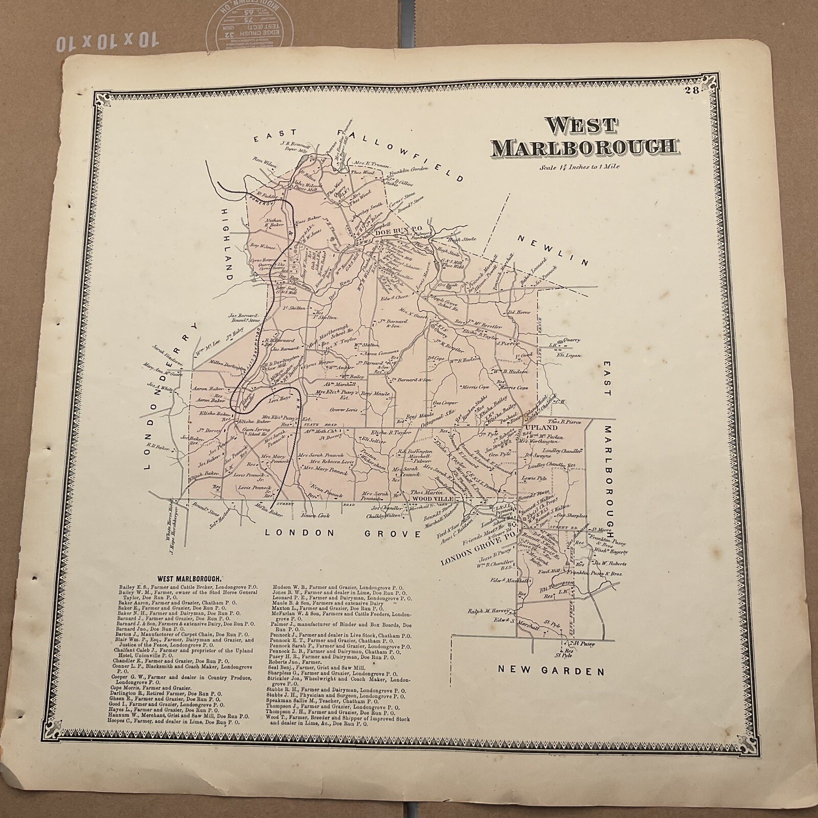 Original 1873 Atlas Map West Marlborough PA Chester County A R Witmer Businesses