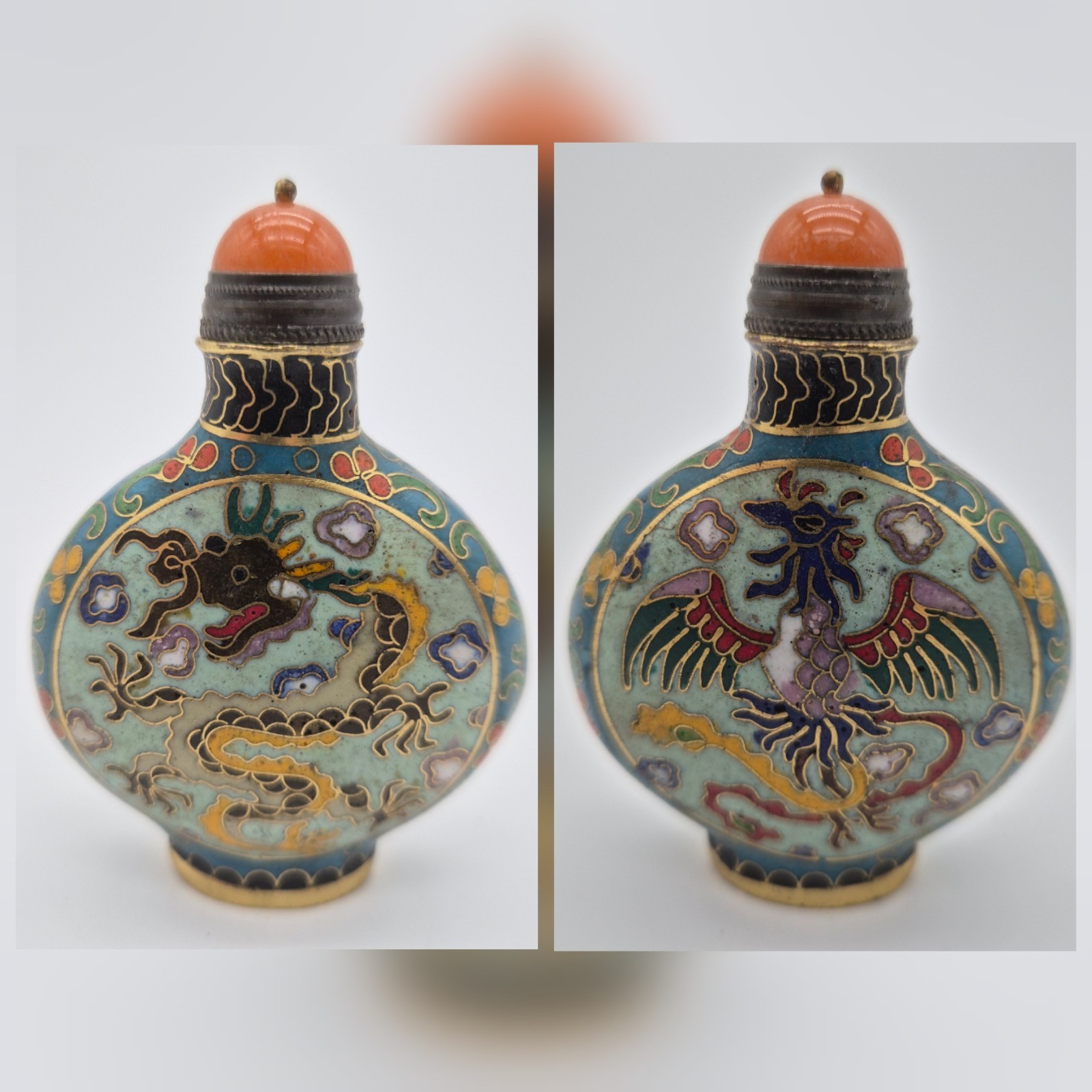 Gorgeous Vintage Cloisonné Enamel Snuff Bottle Dragon Phoenix 3.5” Filigree -ONE