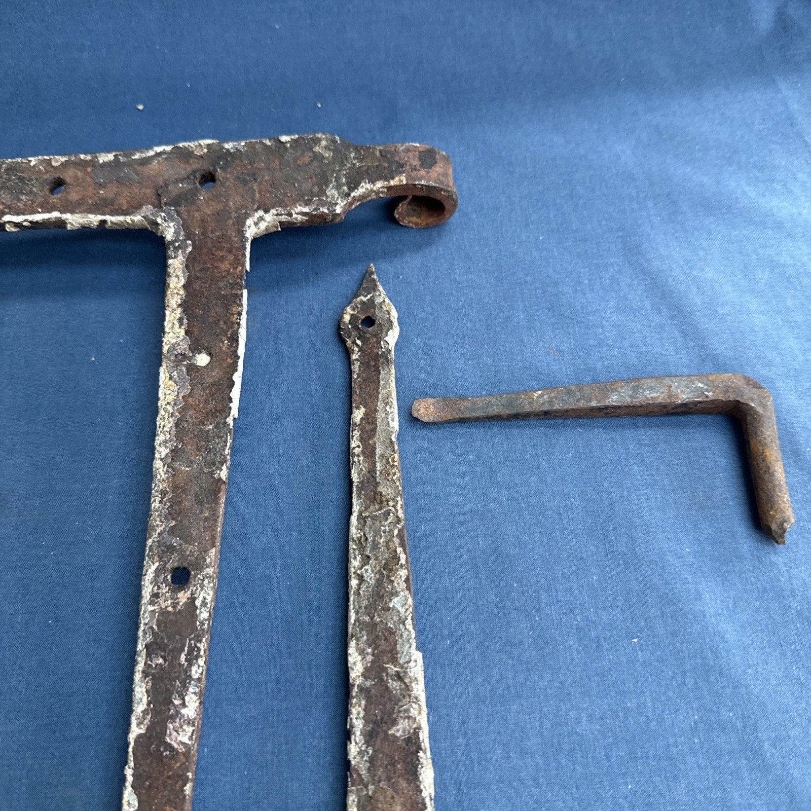 2 Large Antique Door L Strap Hinges with Pintles Hand Forged Iron Hardware