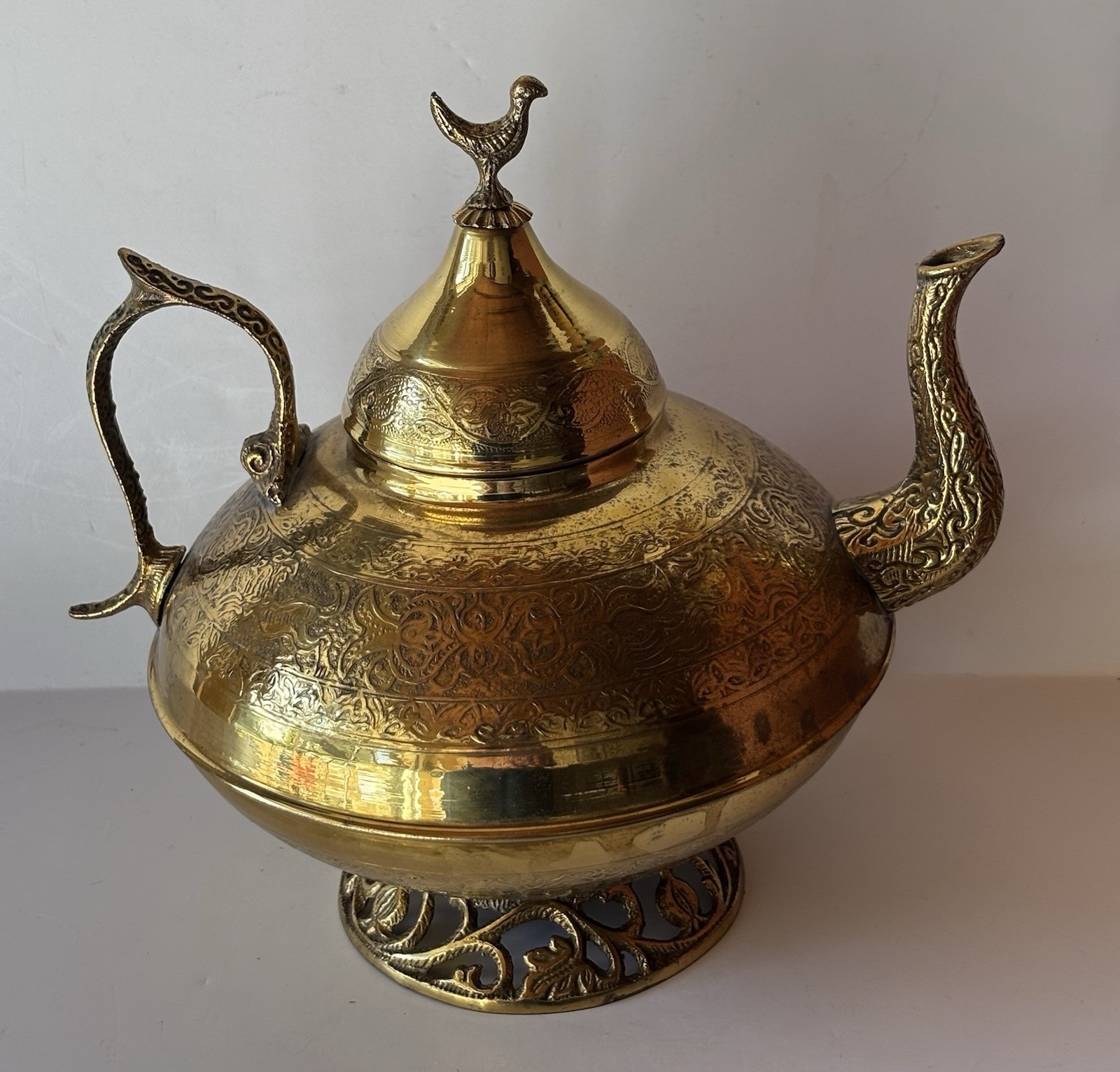 Large Brass Teapot Bird Handle Jerusalem Collectible Decor Unique Ornate Shiny