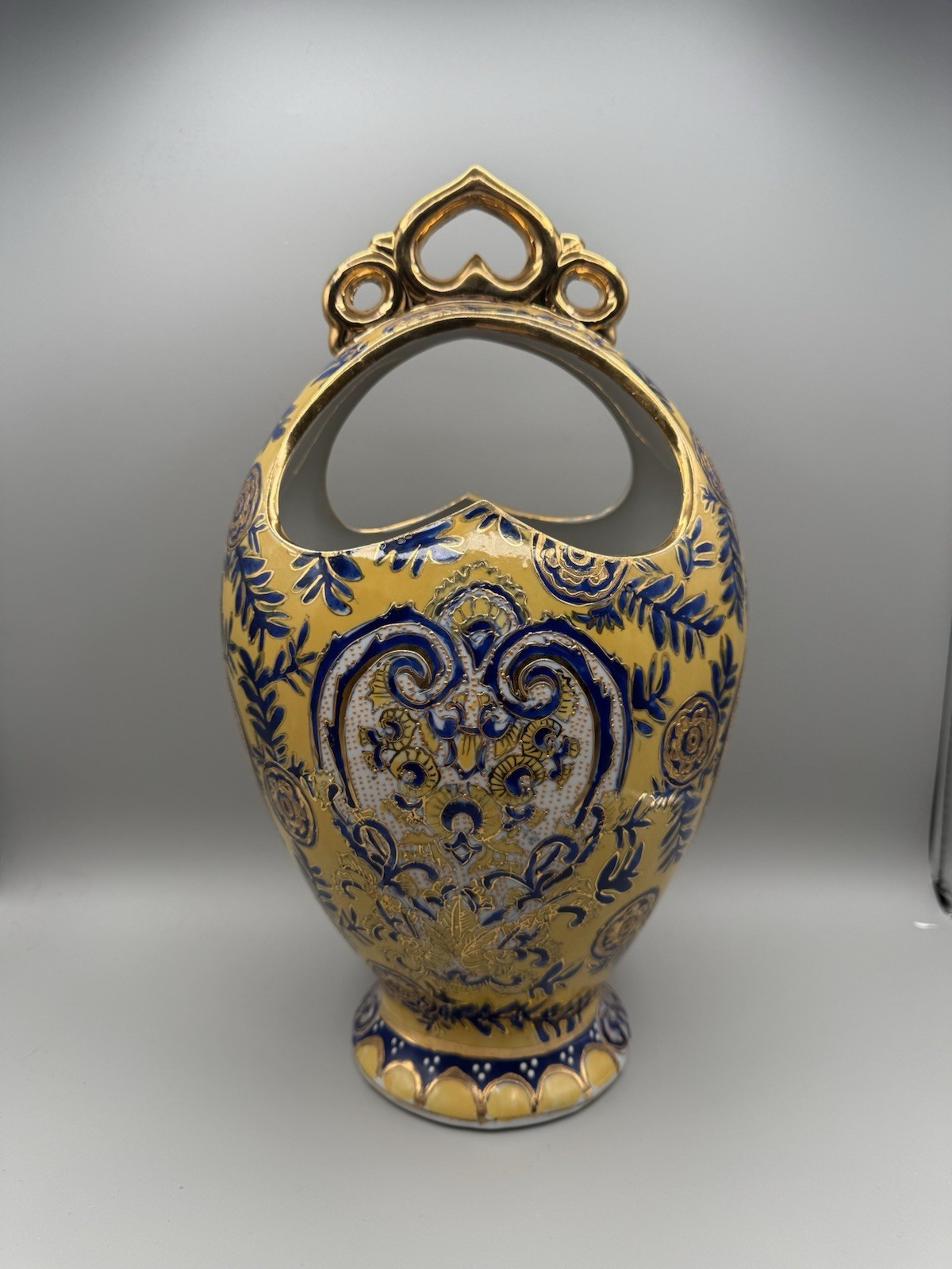 Antique Hand Painted Yellow And Blue Cloisonné Vase With Gold Inlay