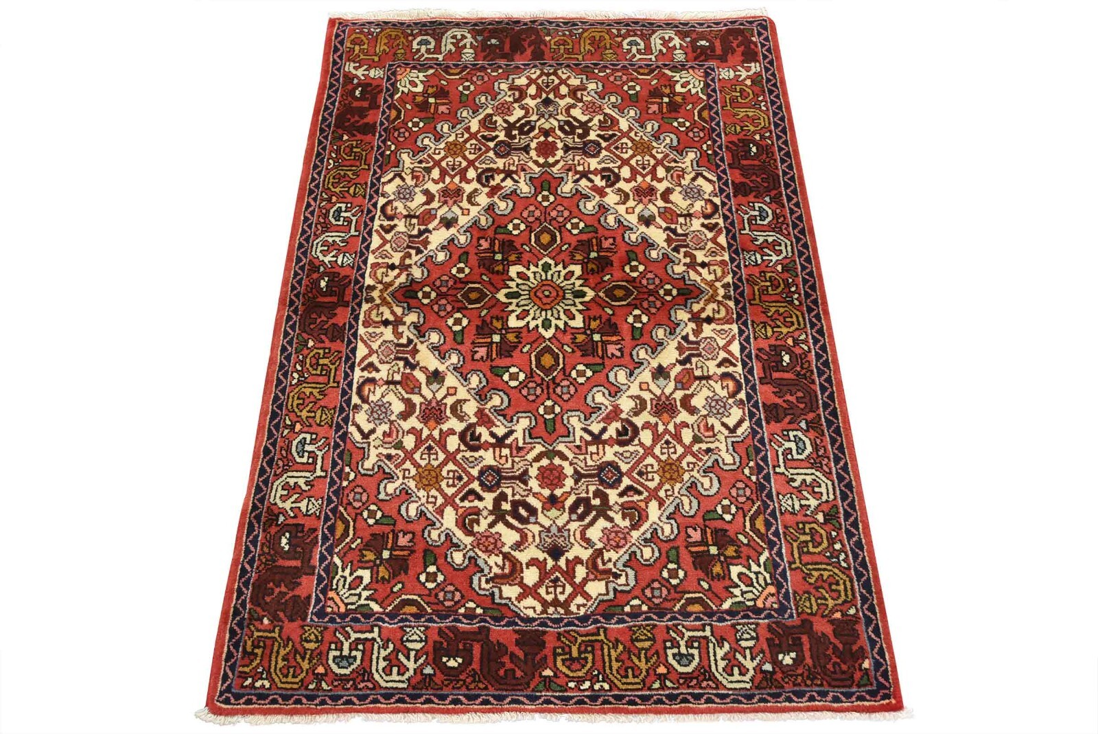 Vintage Tribal Rug 3’5” x 5′ Ivory Wool Traditional Hand-Knotted Oriental Carpet