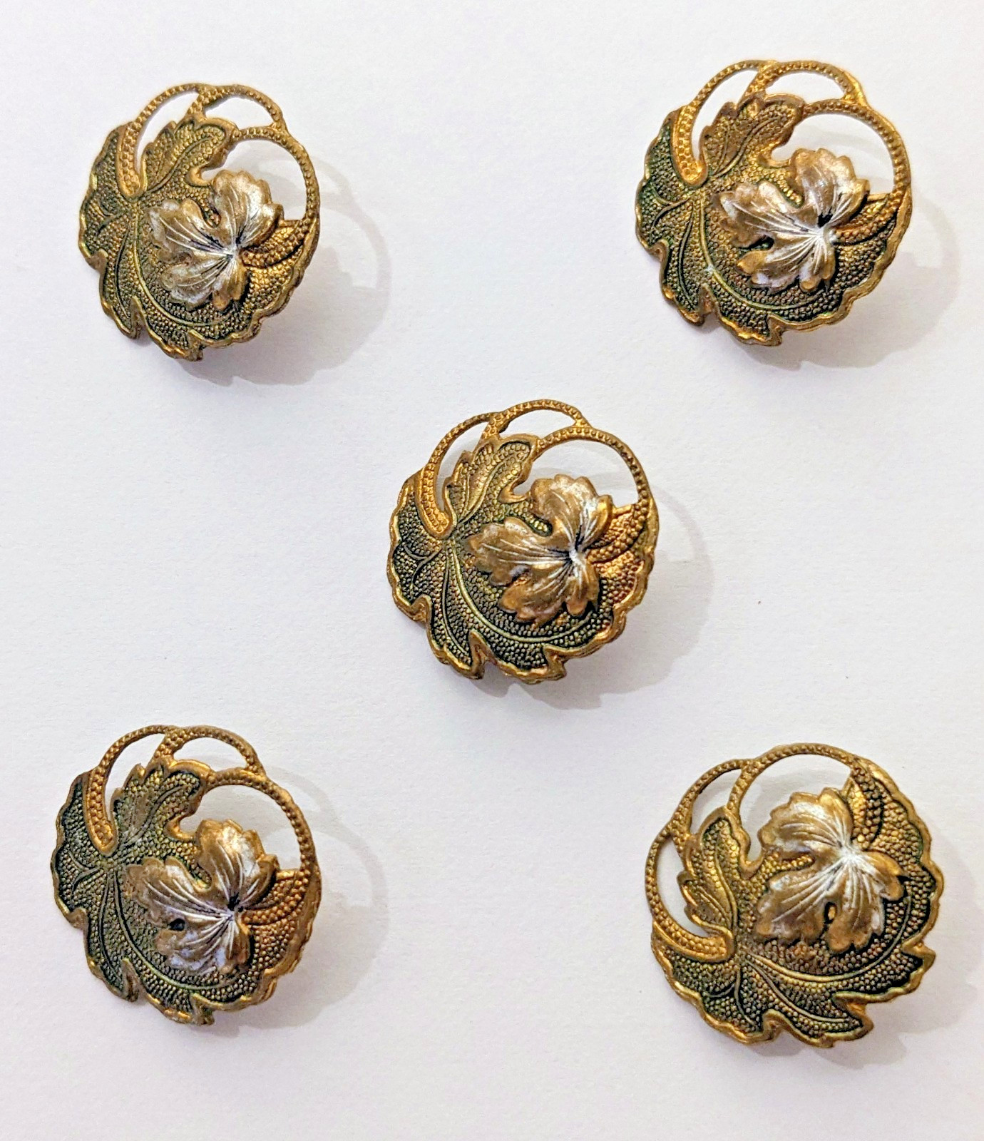 Antique Art Nouveau Pierced Brass Painted Enamel Flower Buttons 23 mm (5 count)
