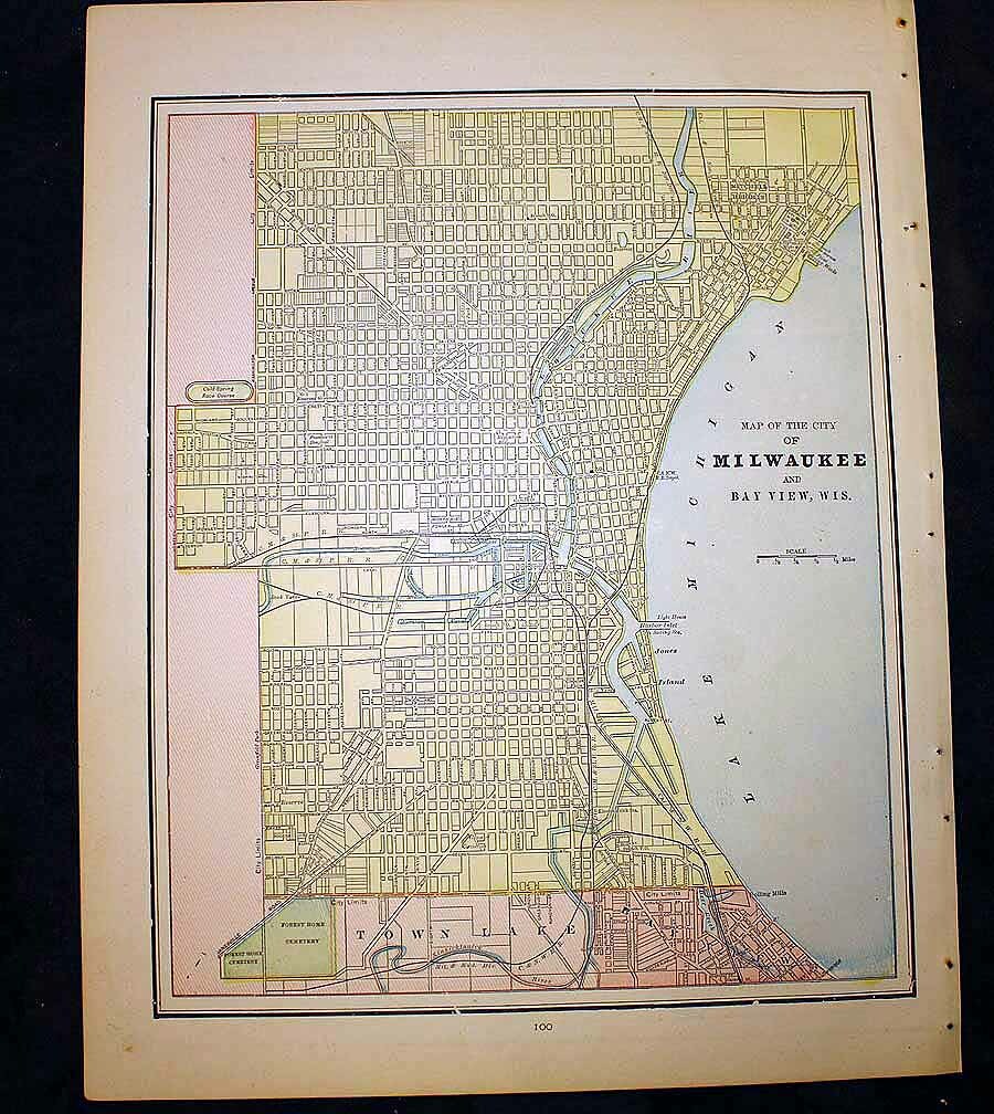 City of Milwaukee Wisconsin or Chicago Illinois Antique Map 1892 Cram
