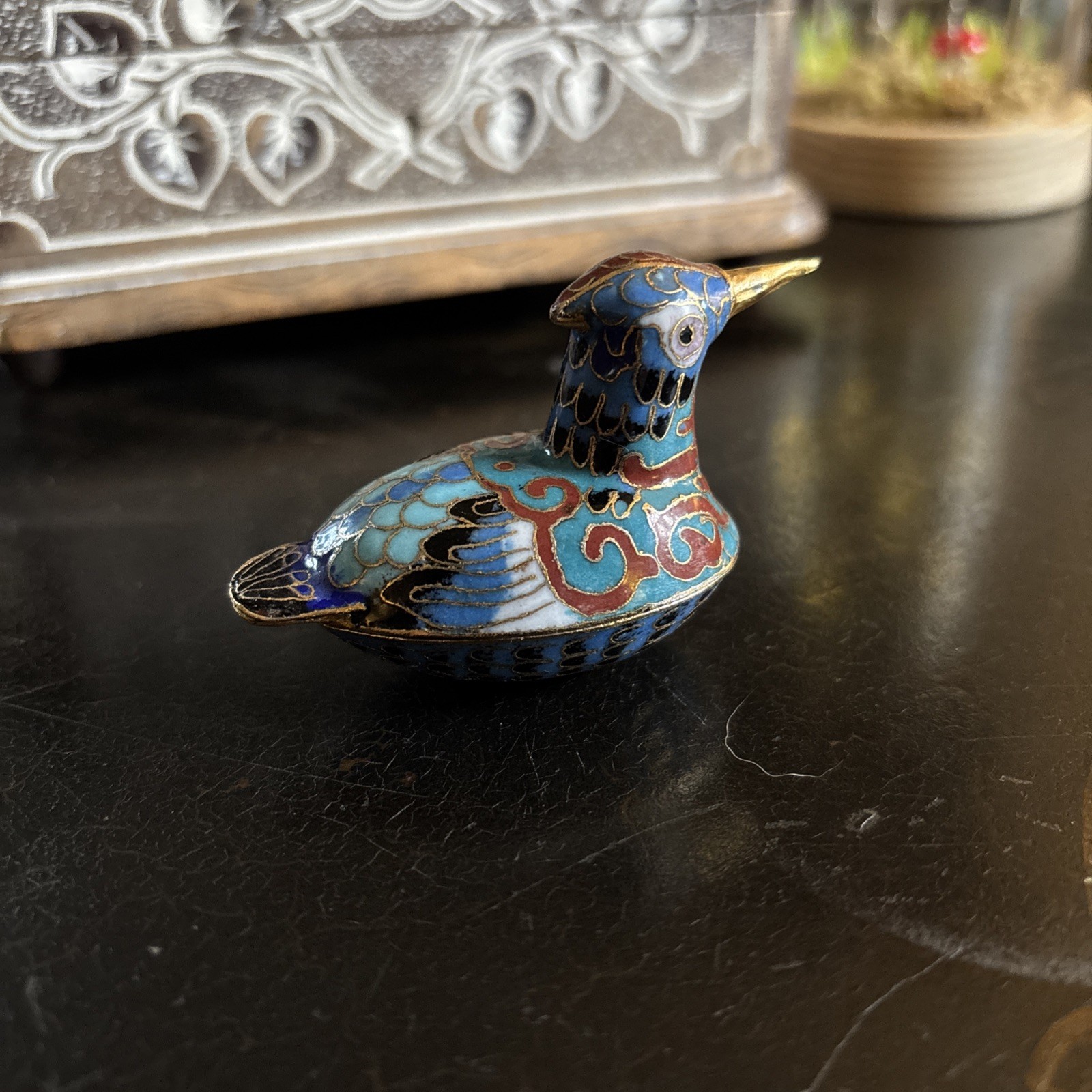 Chinese Cloisonne Blue Red And Gold Coloured Bird Trinket – Collectible Vintage