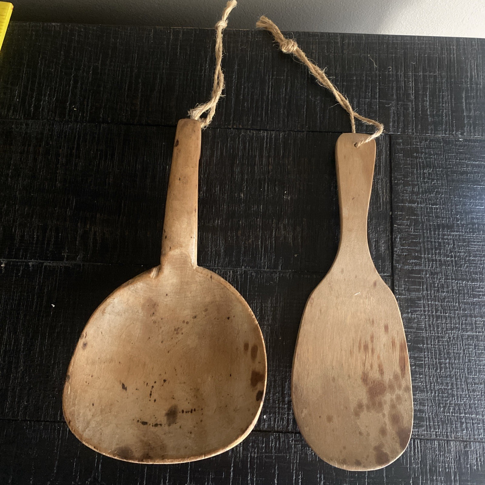 ANTIQUE PRIMITIVE HAND CARVED WOODEN LADLE BUTTER SCOOP & PADDLE SPOON