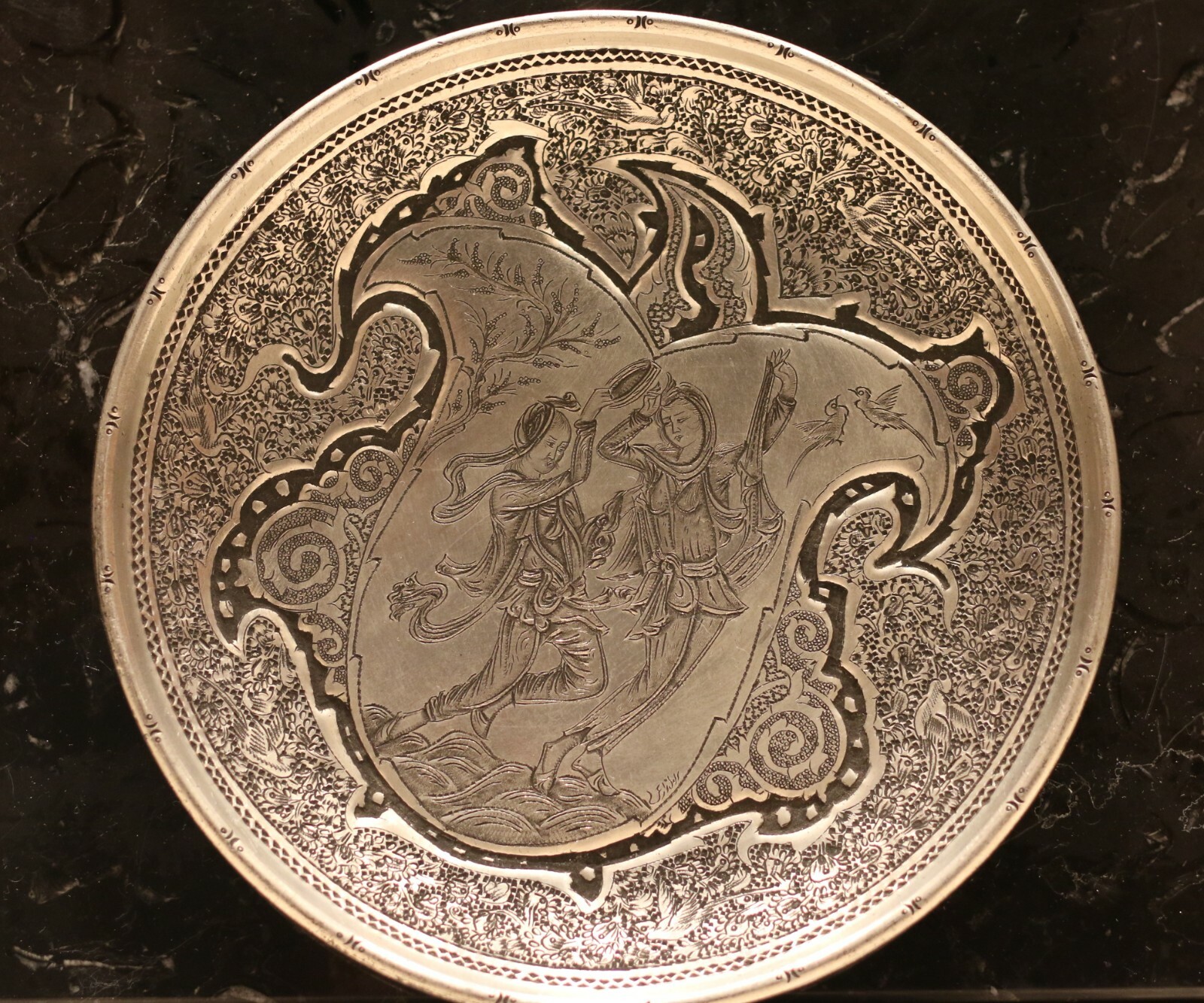 antique silver plated mural handmade qalam zani qajar marked