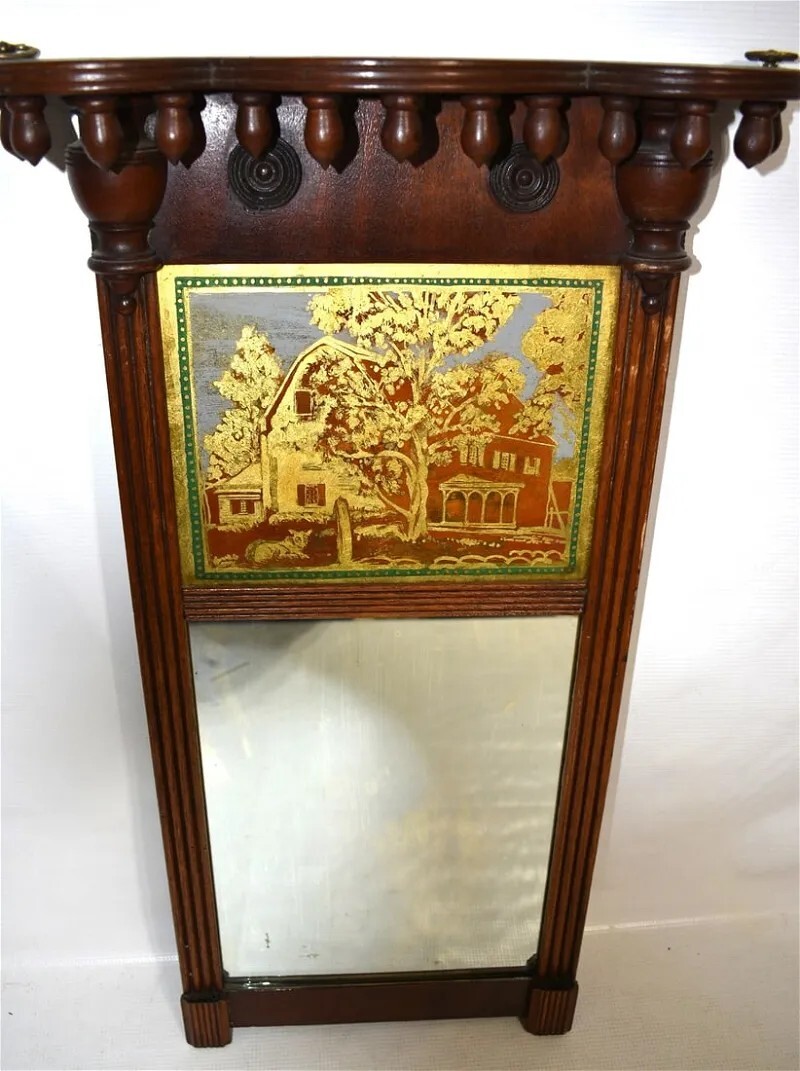 Early 19th C Sheraton Walnut Mirror With Reverse Painting Glass Panel
