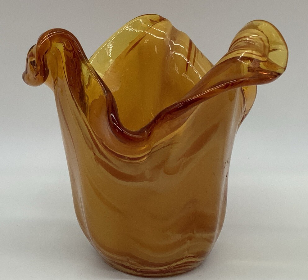 Murano White Crystal Vase Amber Gold Flame 4.75” H X 5” W Italy