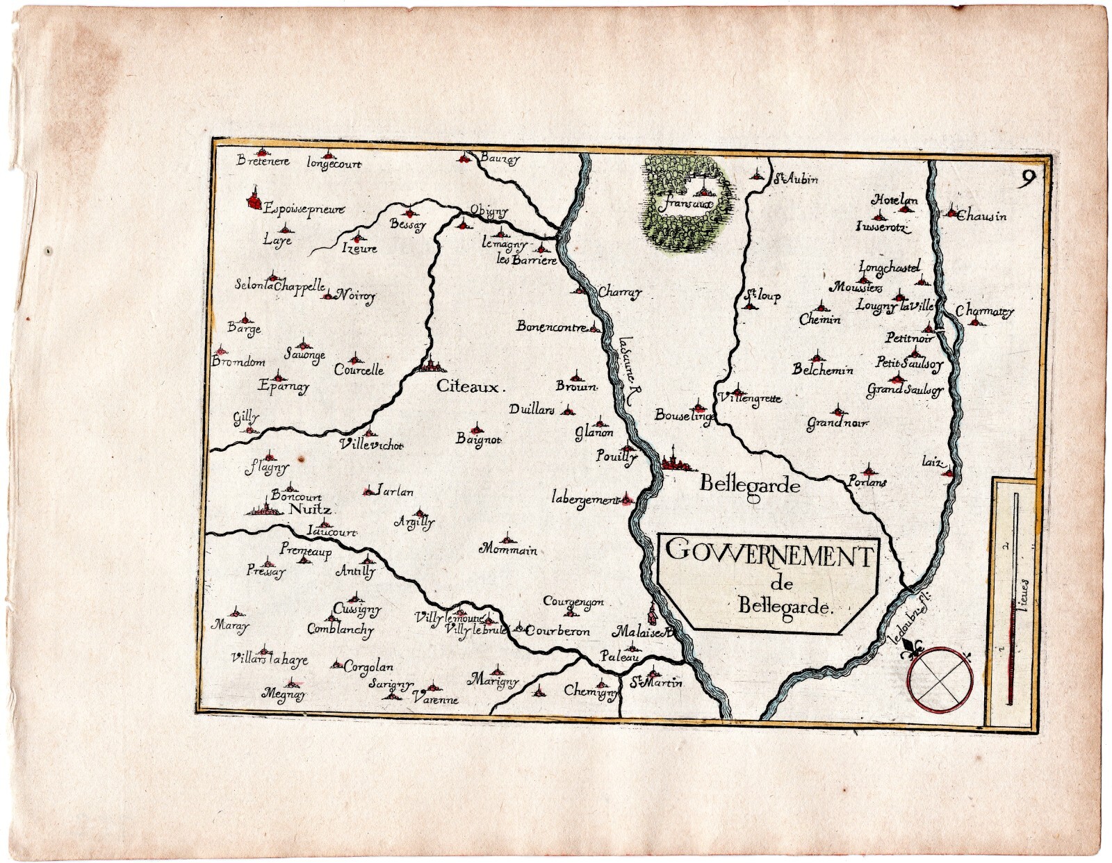 1634 Nicolas Tassin Antique Map Bellegarde (Seurre), Saint Aubin, France