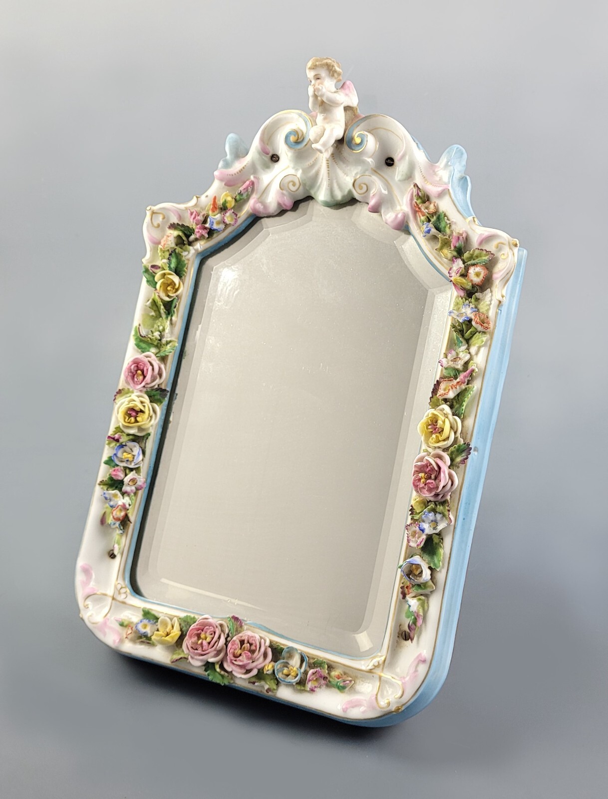 Antique 19th Century German Dresden / Sitzendorf Porcelain Figural Easel Mirror
