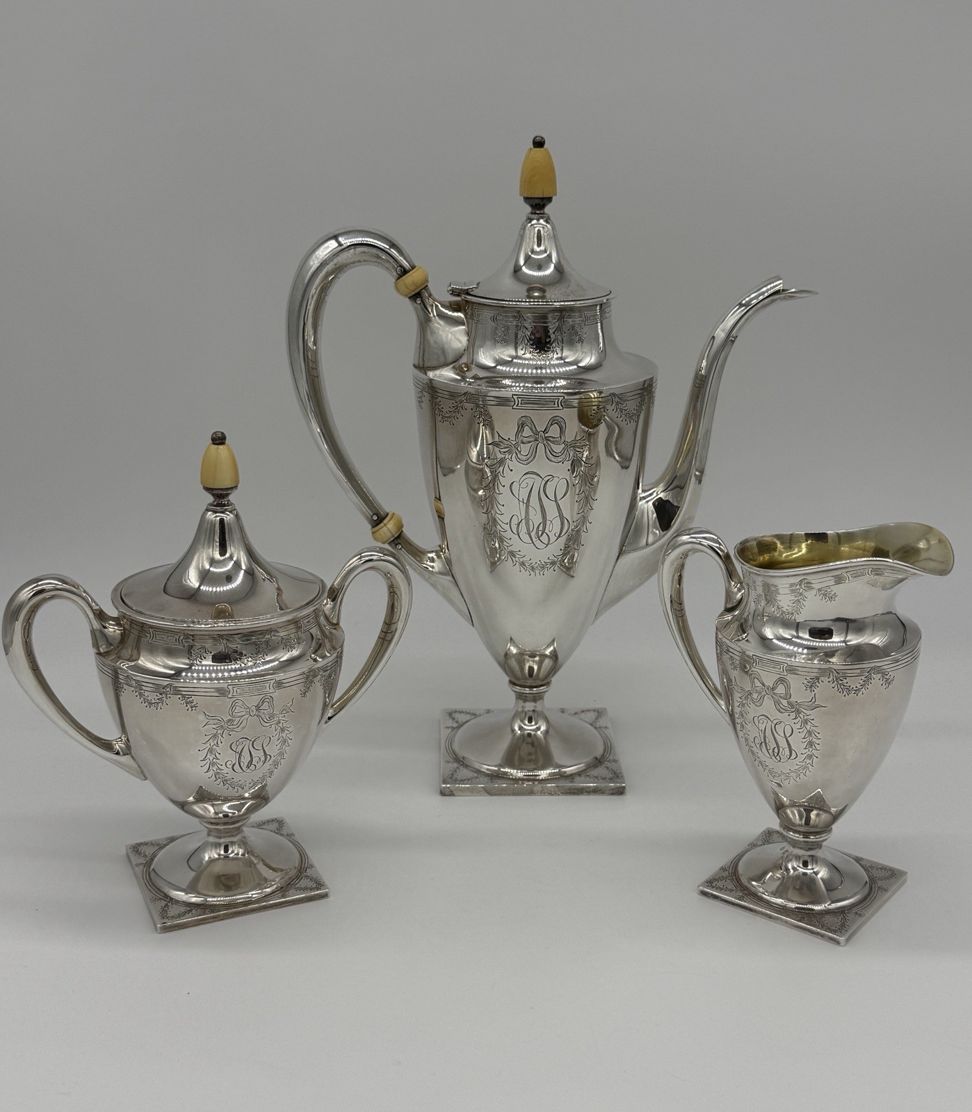 Antique Sterling Silver 3 pc Coffee Set by Barbour Silver Co #1310 Ivory Accents
