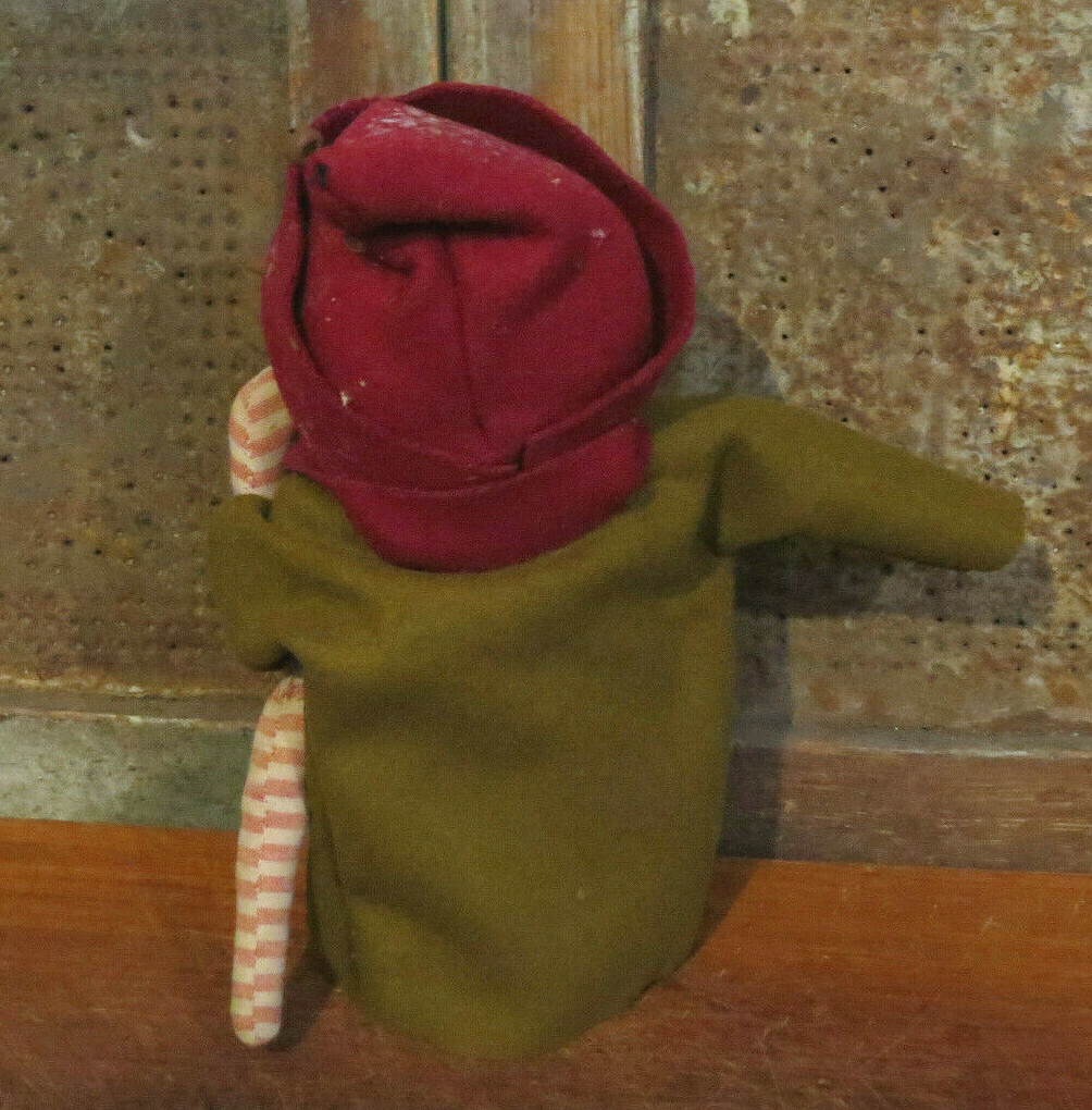 Rustic Christmas Grubby Primitive Stump Doll Snowman Green Coat Rusty Bells Mica
