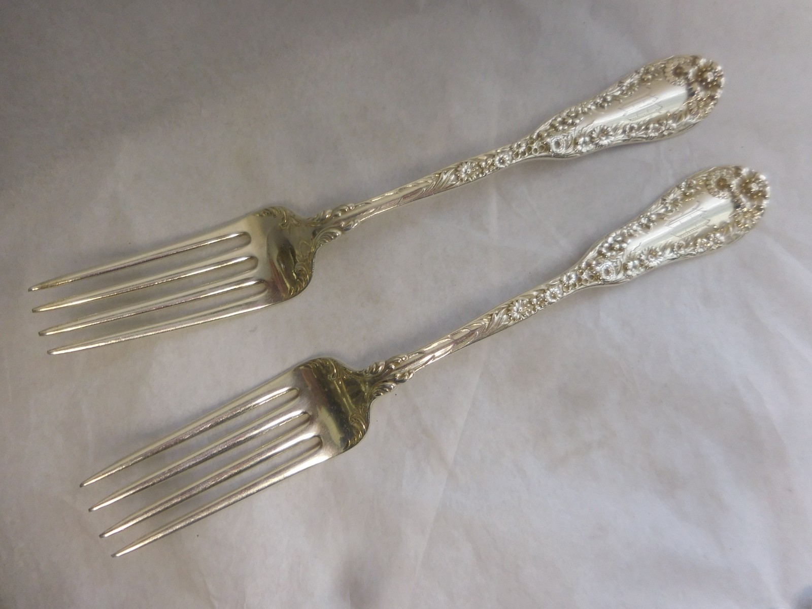 DOMINICK & HAFF NO 10 PAIR STERLING SILVER TRUE DINNER FORKS 7 5/8″ MONO M or W