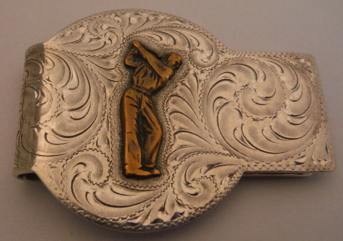 DIABLO Sterling Silver Money Clip Large 2 3/8″ Applied GOLFER USA Hand Engraved