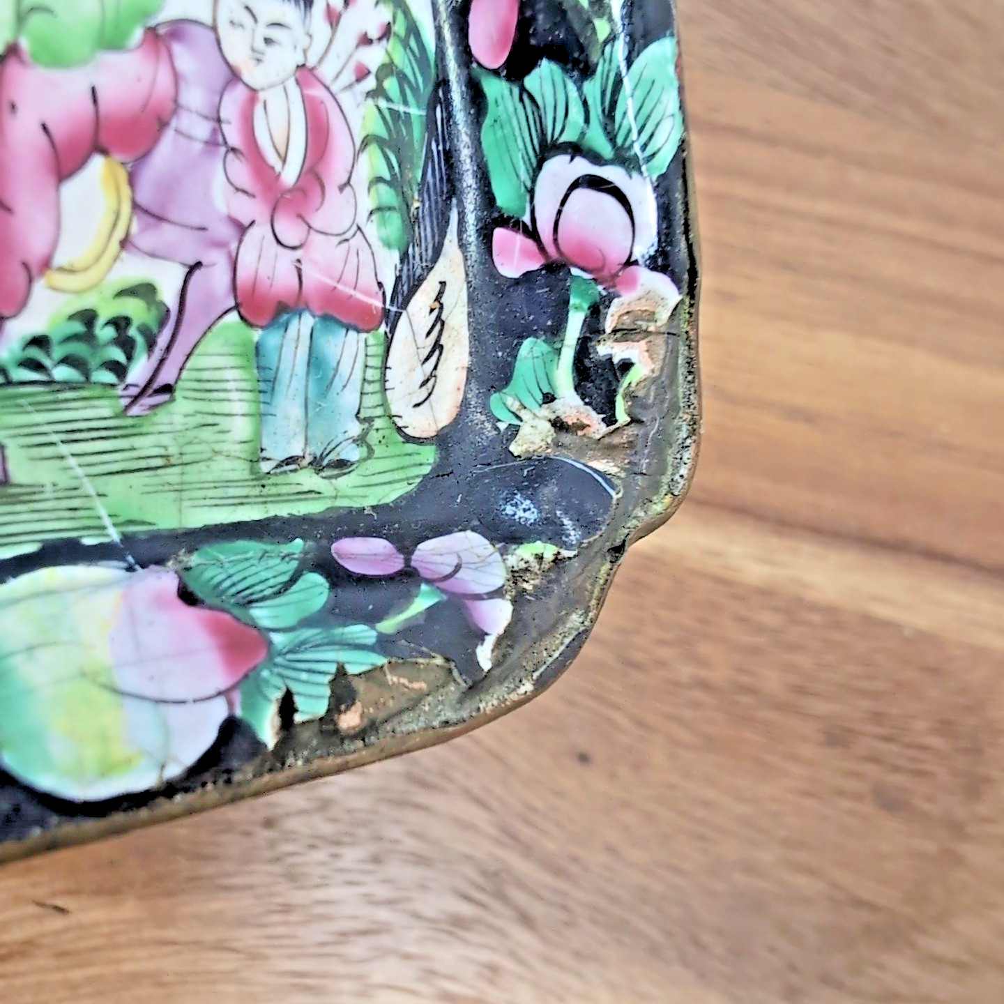 Antique Canton Enamel Tray Trinket Dish – Hand Painted Asian Scene, 3″