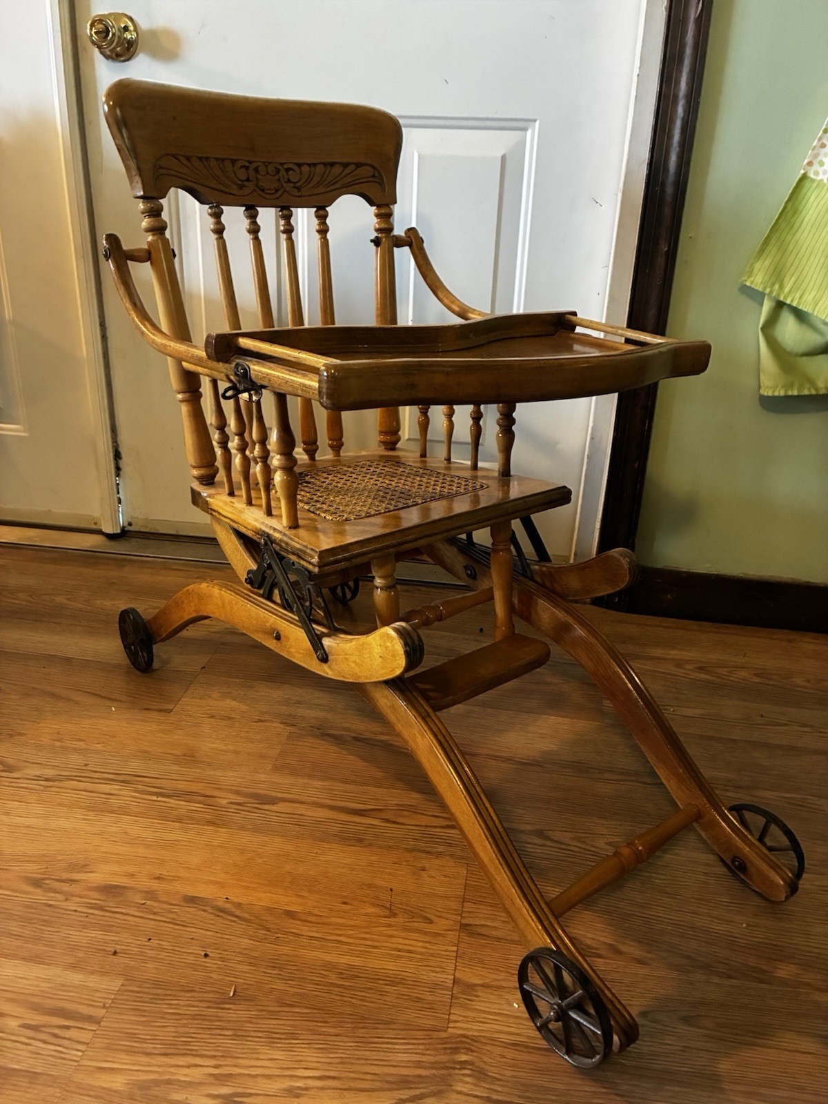 Antique Vintage Child’s Oak & Cane Convertible High Chair / Folding Rocker 1900s