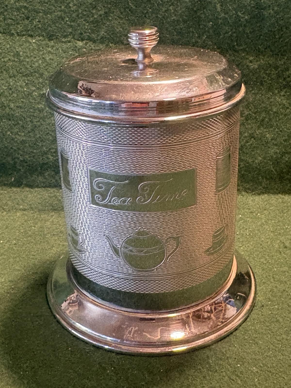 Vintage Tea Time Tea Caddy Chrome Plated & Engraved 4-1/2″ Tall