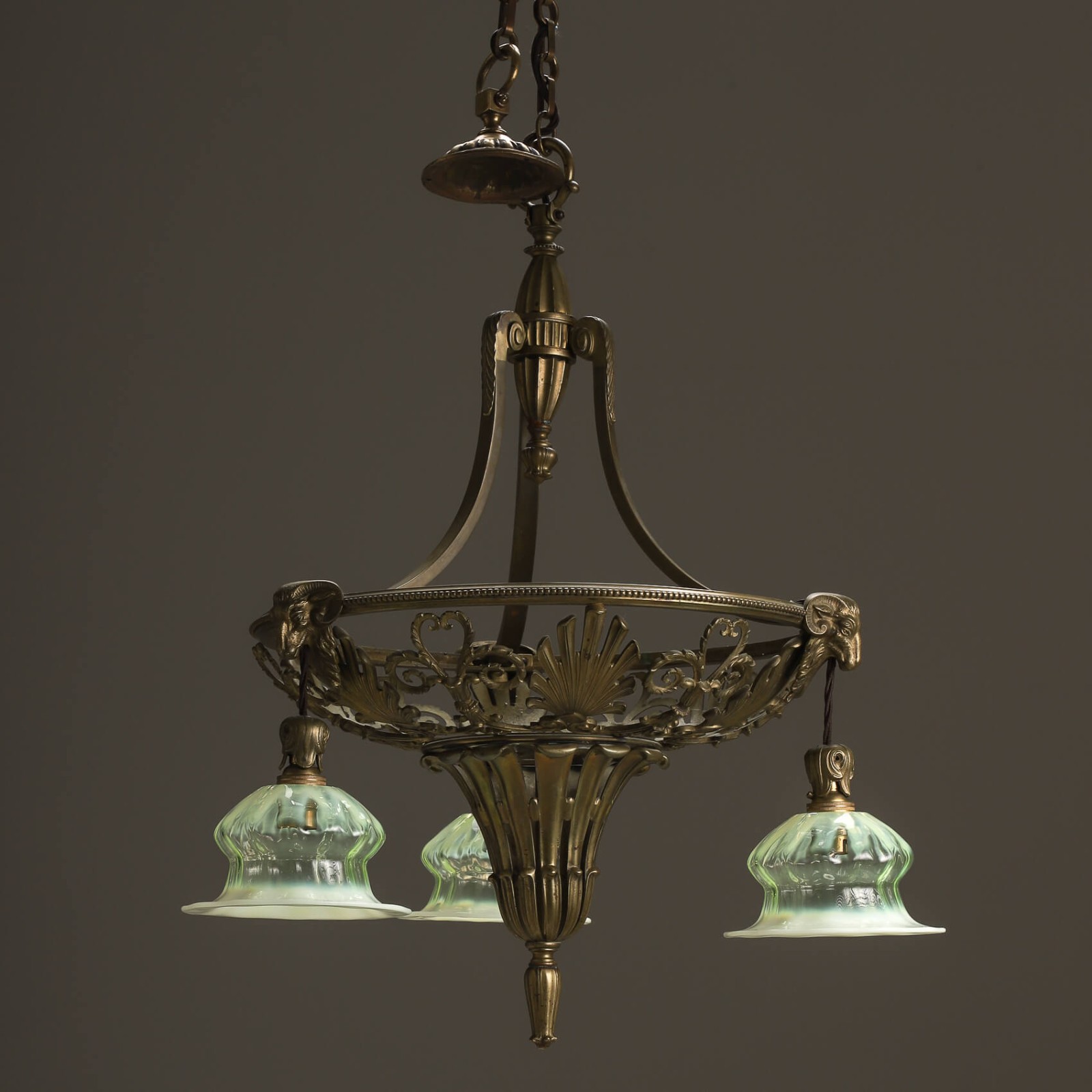 RARE ELEGANT ANTIQUE CAST BRASS GEC G.E.C. CHANDELIER 3 THREE LIGHT VASELINE