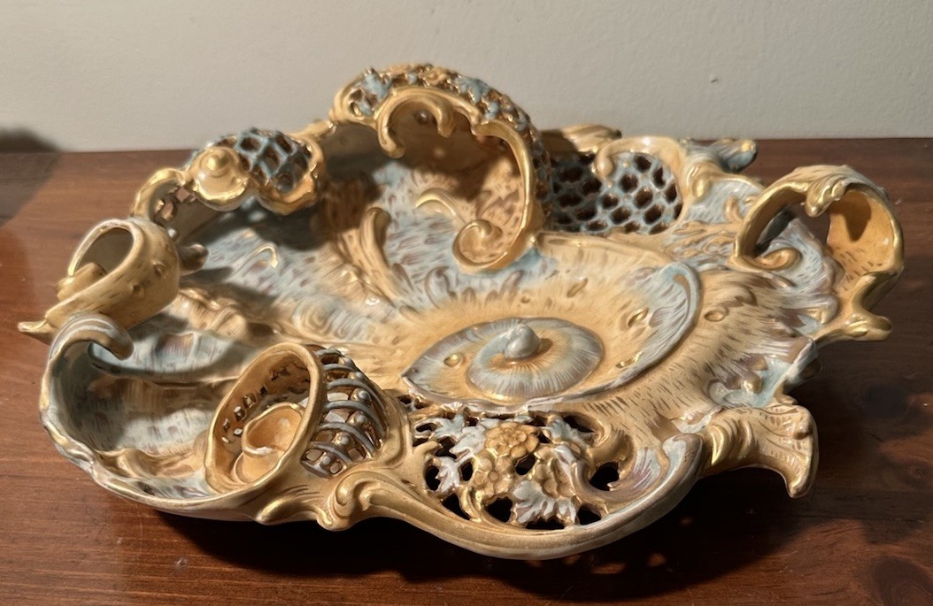 Rare Antique c1880-1890 Fischer Budapest Hungarian Reticulated Pierced Gilt Bowl