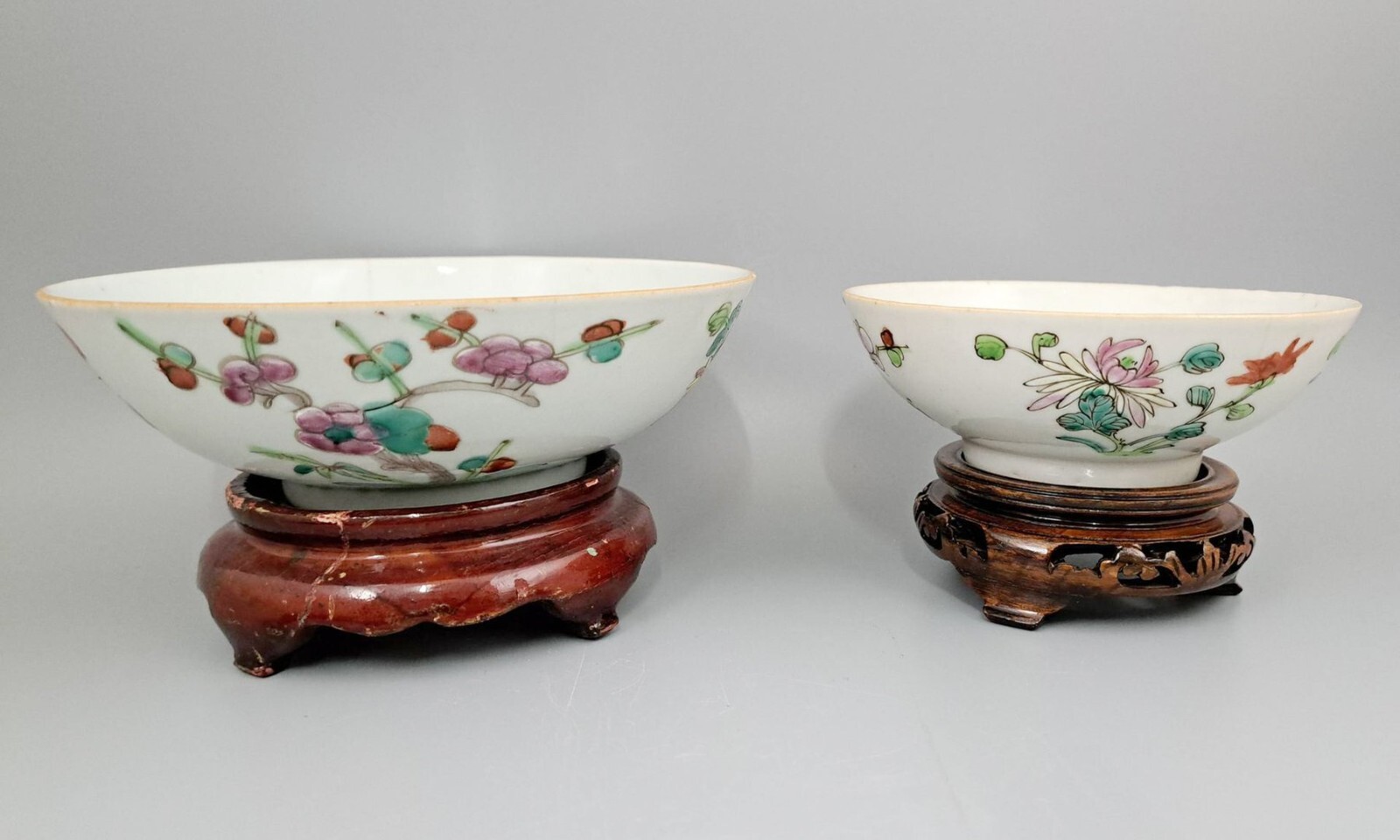 2 Mid-19th century famille rose four-season flower bowls, panchang style mark,