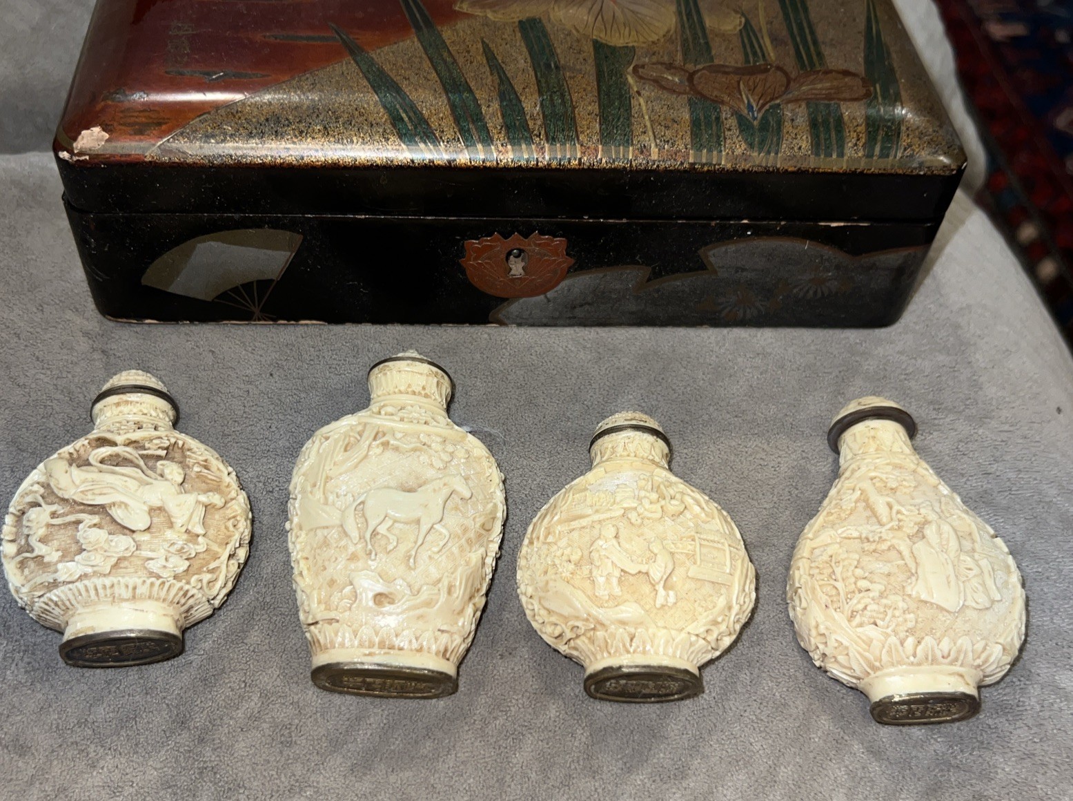 Antique Chinese Carved Resin Snuff Bottles Lot 4 Ornate + Box All Marked Signed