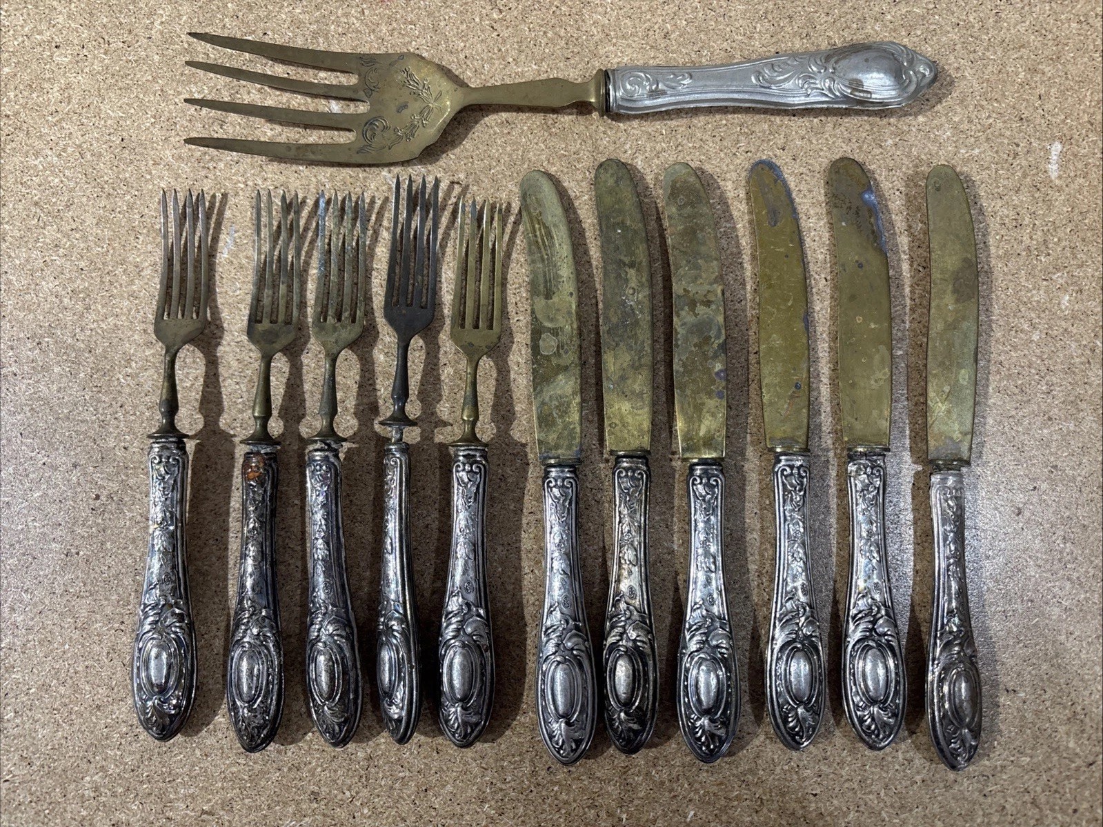 Antique Silverware Set Dessert Forks And Knives .800 Silver And Brass