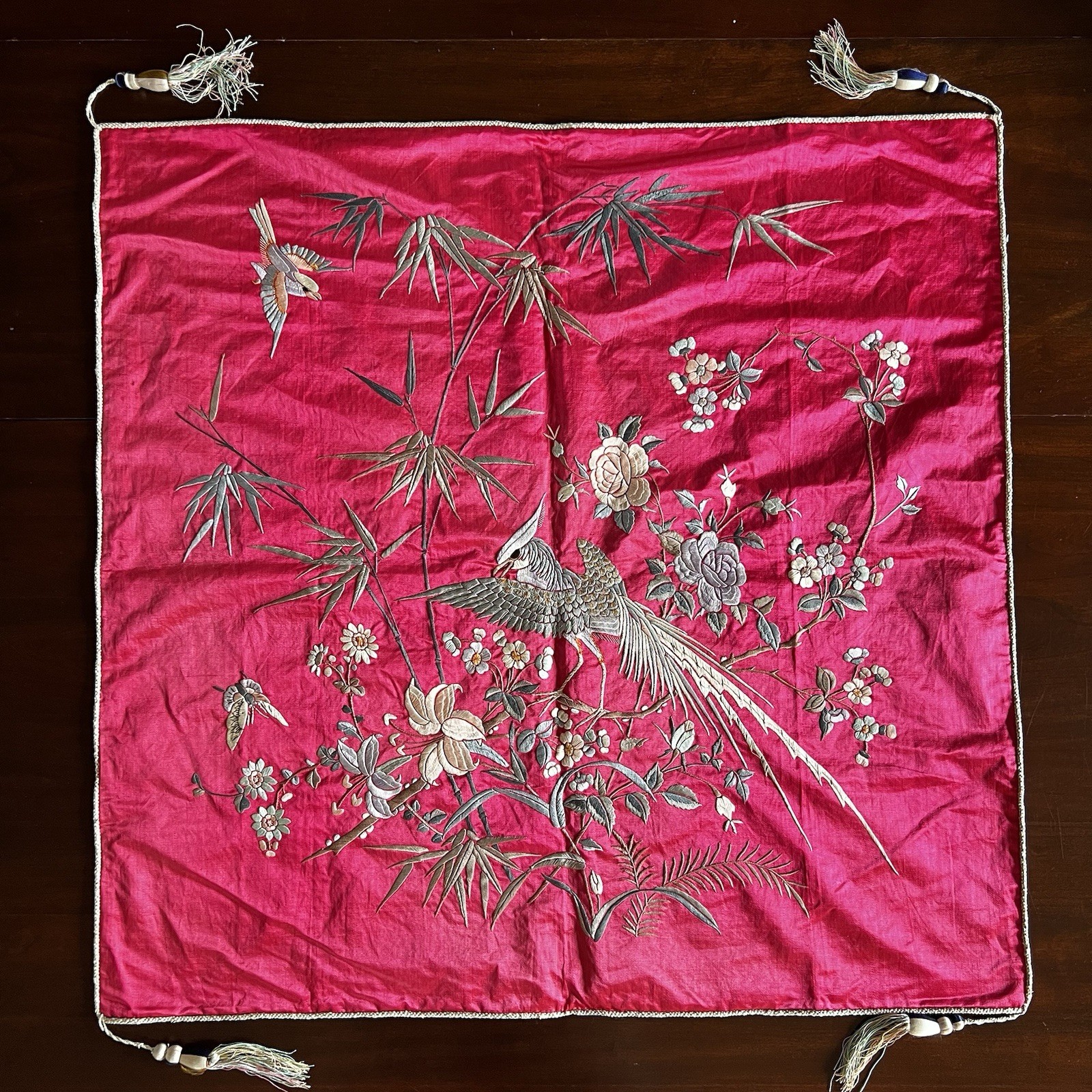 28” Antique Chinese Pheasant Silk Embroidery Panel Embroidered Needlework Vintag