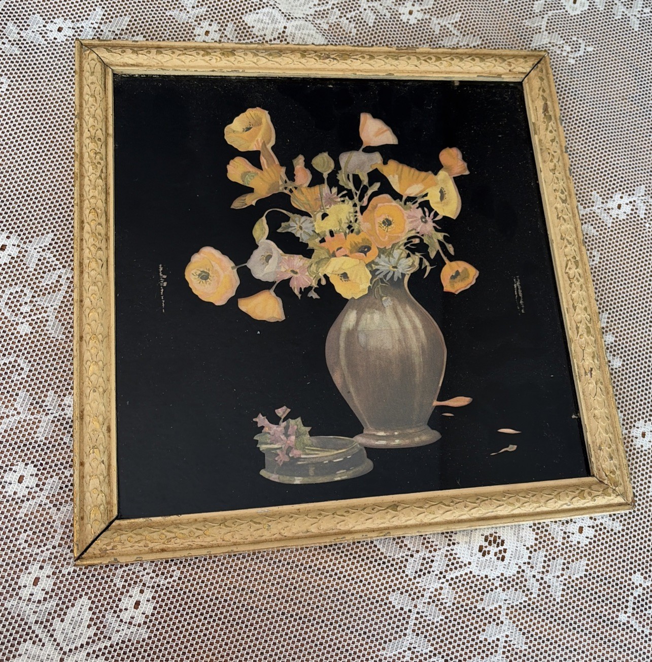 Antique Reverse Painted Glass Floral Picture Gold Tone Wood Frame Vintage Wall