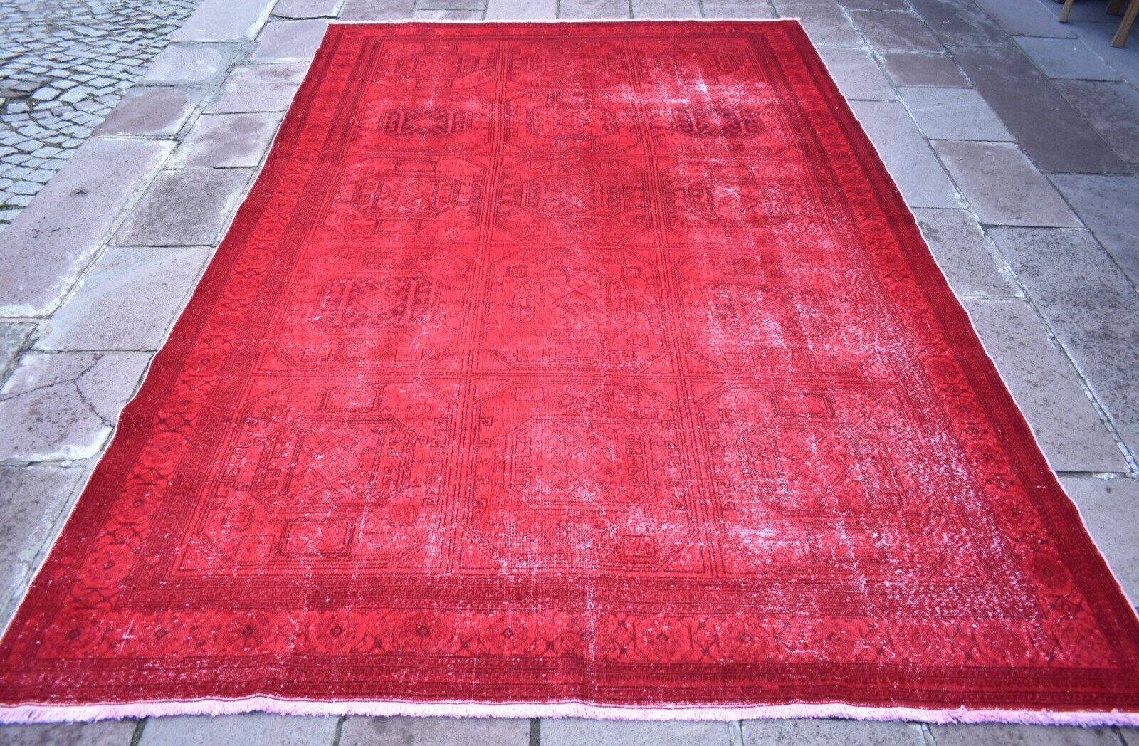 Turkish Red Rug 77” x 118” Vintage Anatolian Over Dyed Rug Painted Area Rug