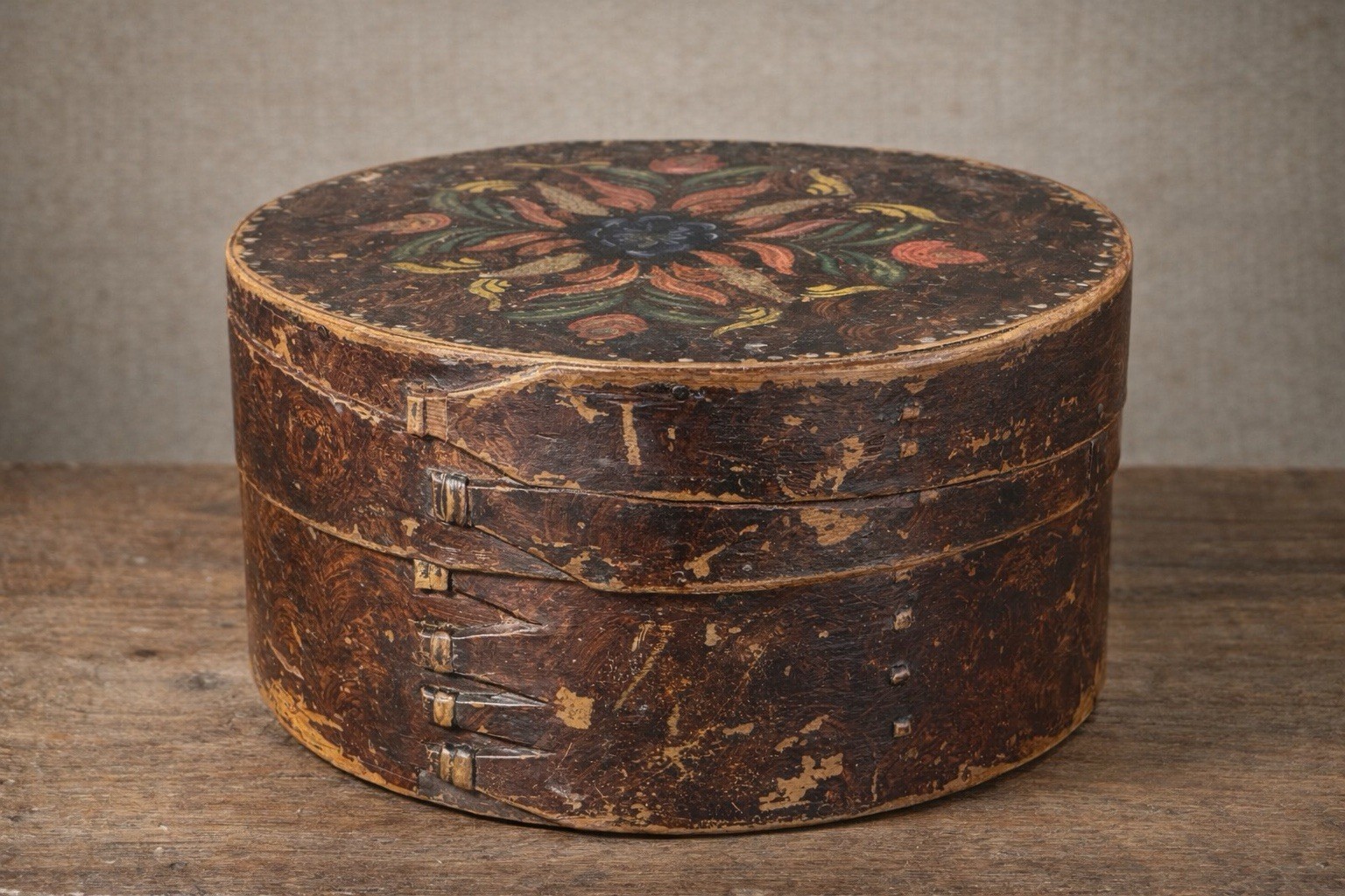 Early 19th C Hand Painted Round Pantry Box Folk Art Bentwood Original Paint