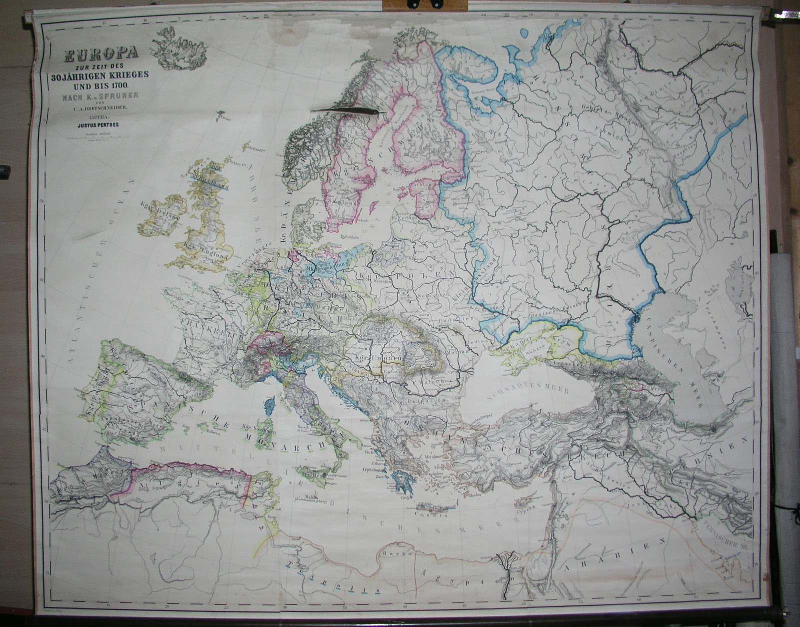 School Wall Map Europe Map 30 Years War Spruner Bretschneider 156X126Cm