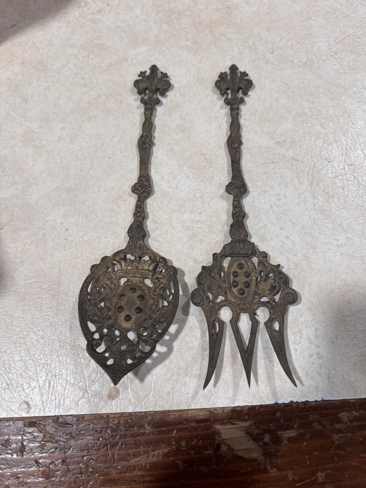Vintage Ornate FIGURAL 10″ Brass or Bronze Serving SPOON & FORK. Very Unique!!