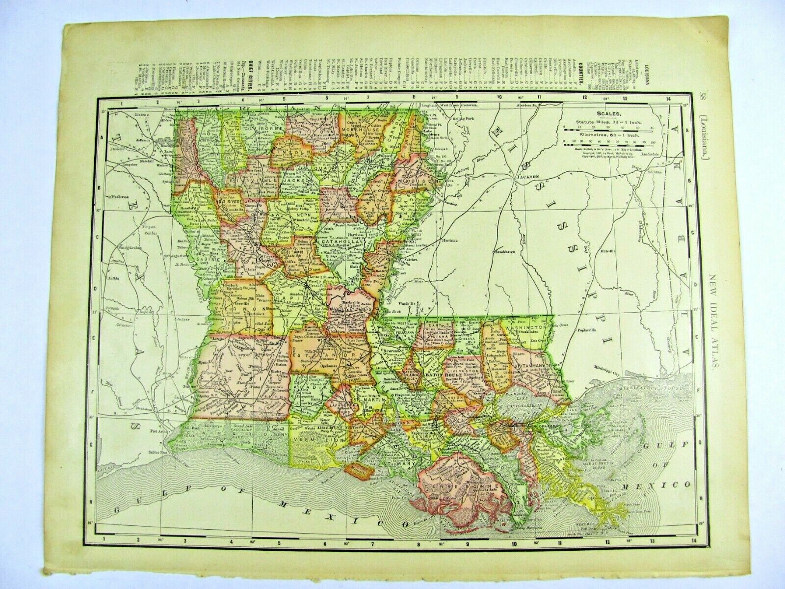 1895 Original Color Map Arkansas and Louisiana Historic 11 x 14 Map