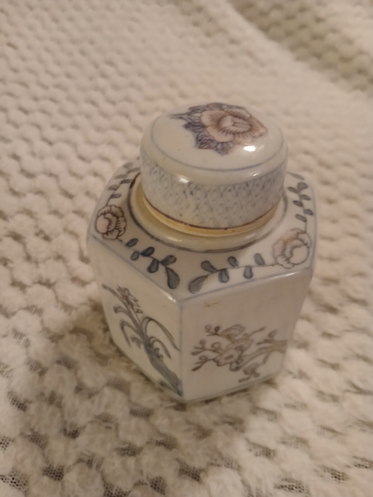 Vintage Rose Blue White Pink Hexagon Ginger Jar