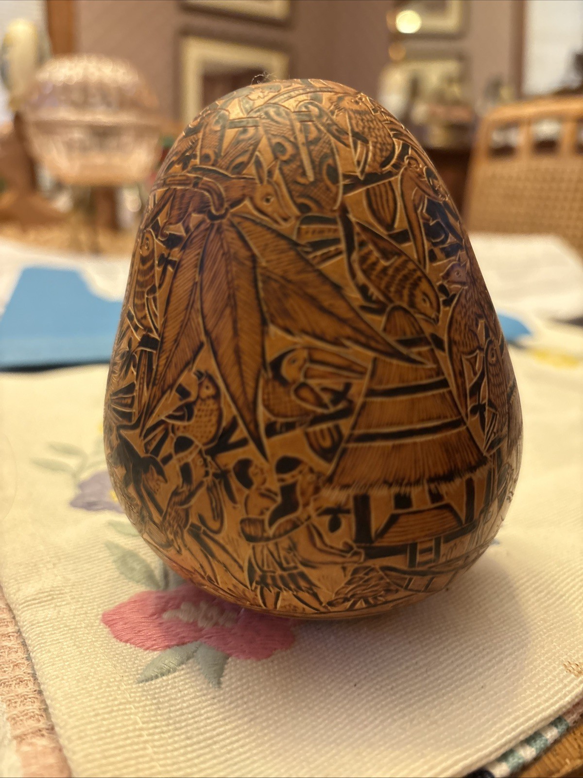 Antique Peruvian Hand Carved Folk Art Gourd