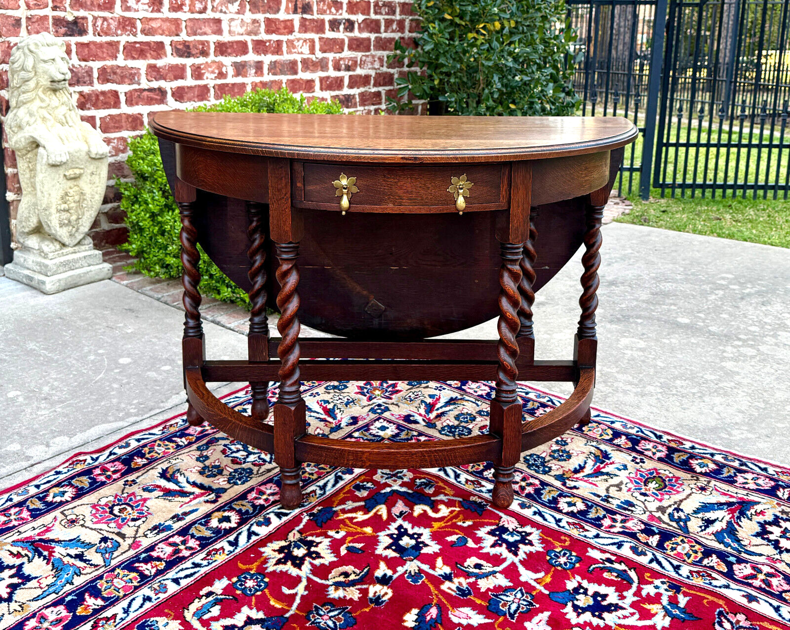 Antique English Demilune Table Drop Leaf Barley Twist w Drawer Oak ROUND 1920-30