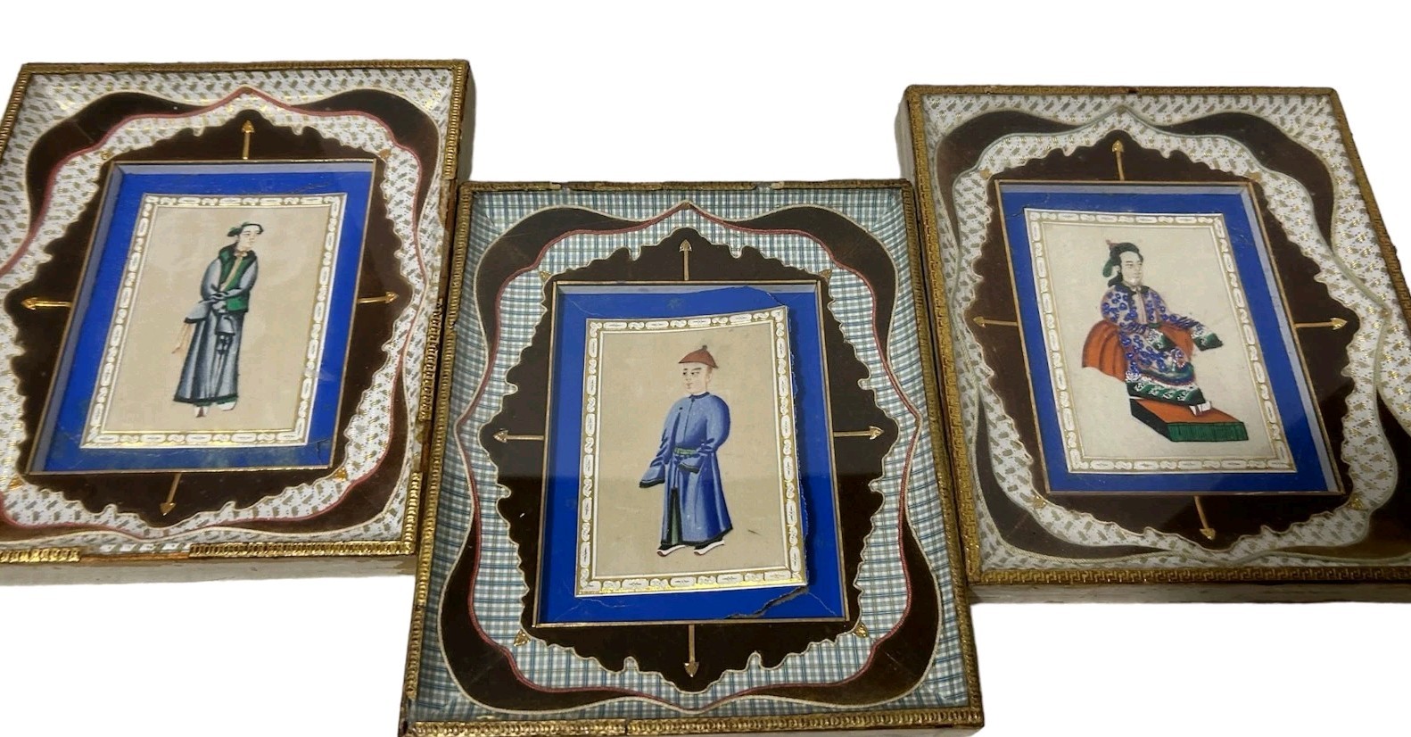 Set Of 3 Chinese Framed Pith Rice Paper Paintings 19C Oriental Figures Men