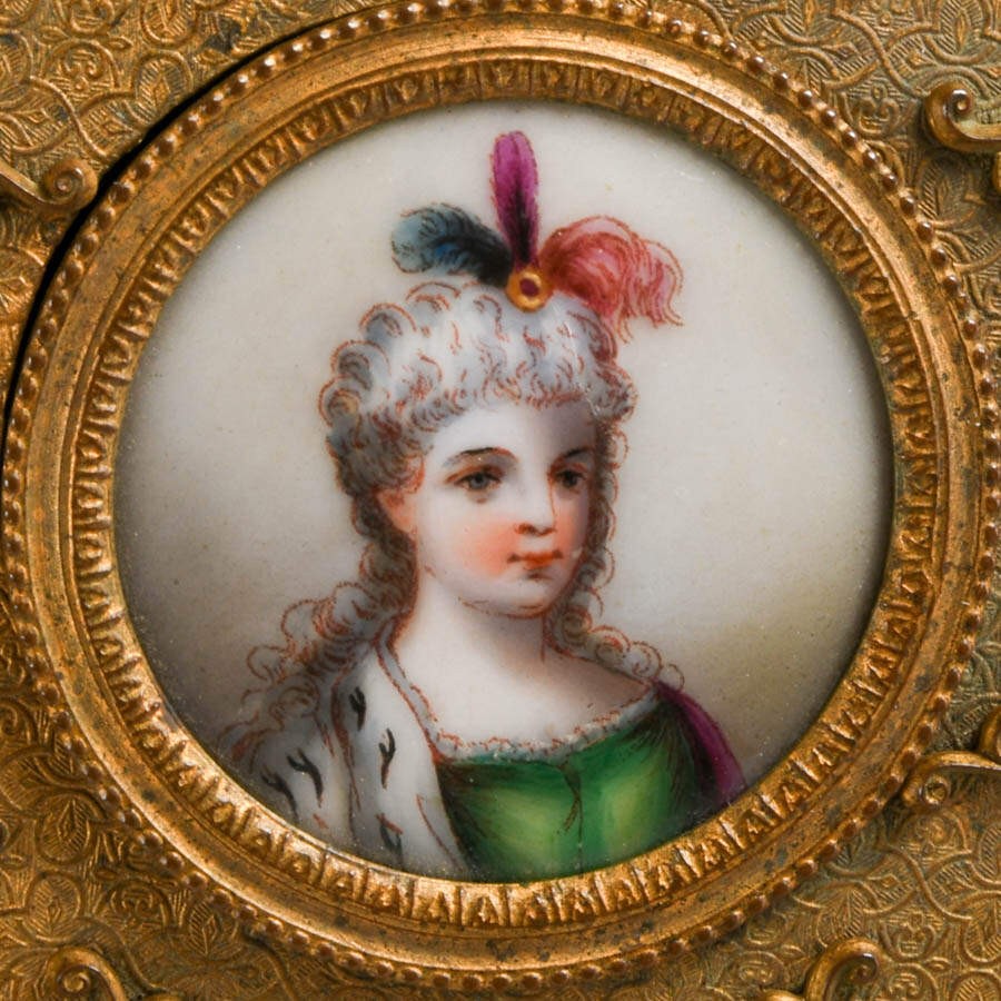 Vintage French Gilt Metal Miniature Portrait Jewelry Box