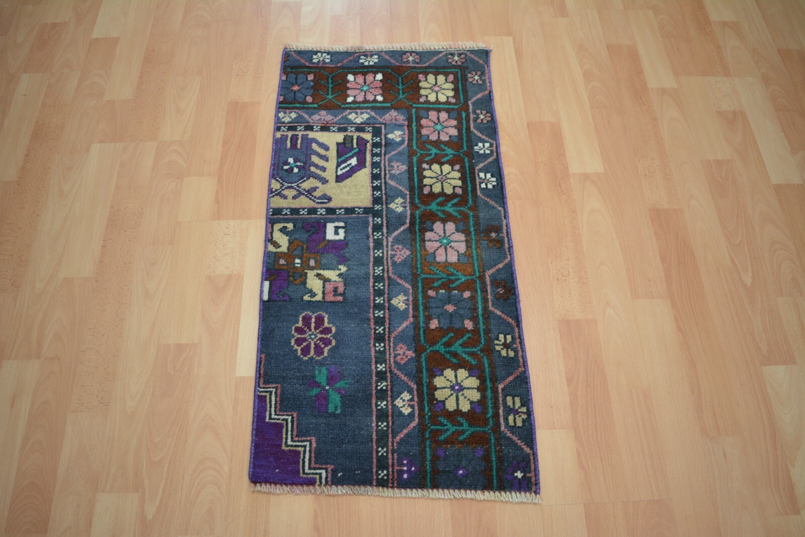 Antique Blue Handmade Door Mat, 1.4×2.8ft, Small Vintage Turkish Geometric Rug,