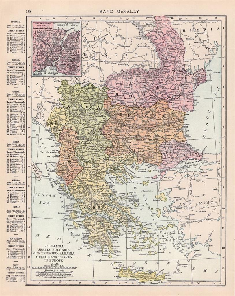 1916 RAND MCNALLY IDEAL ATLAS OF THE WORLD-MAP OF ROMANIA-SERBIA-GREECE-TURKEY