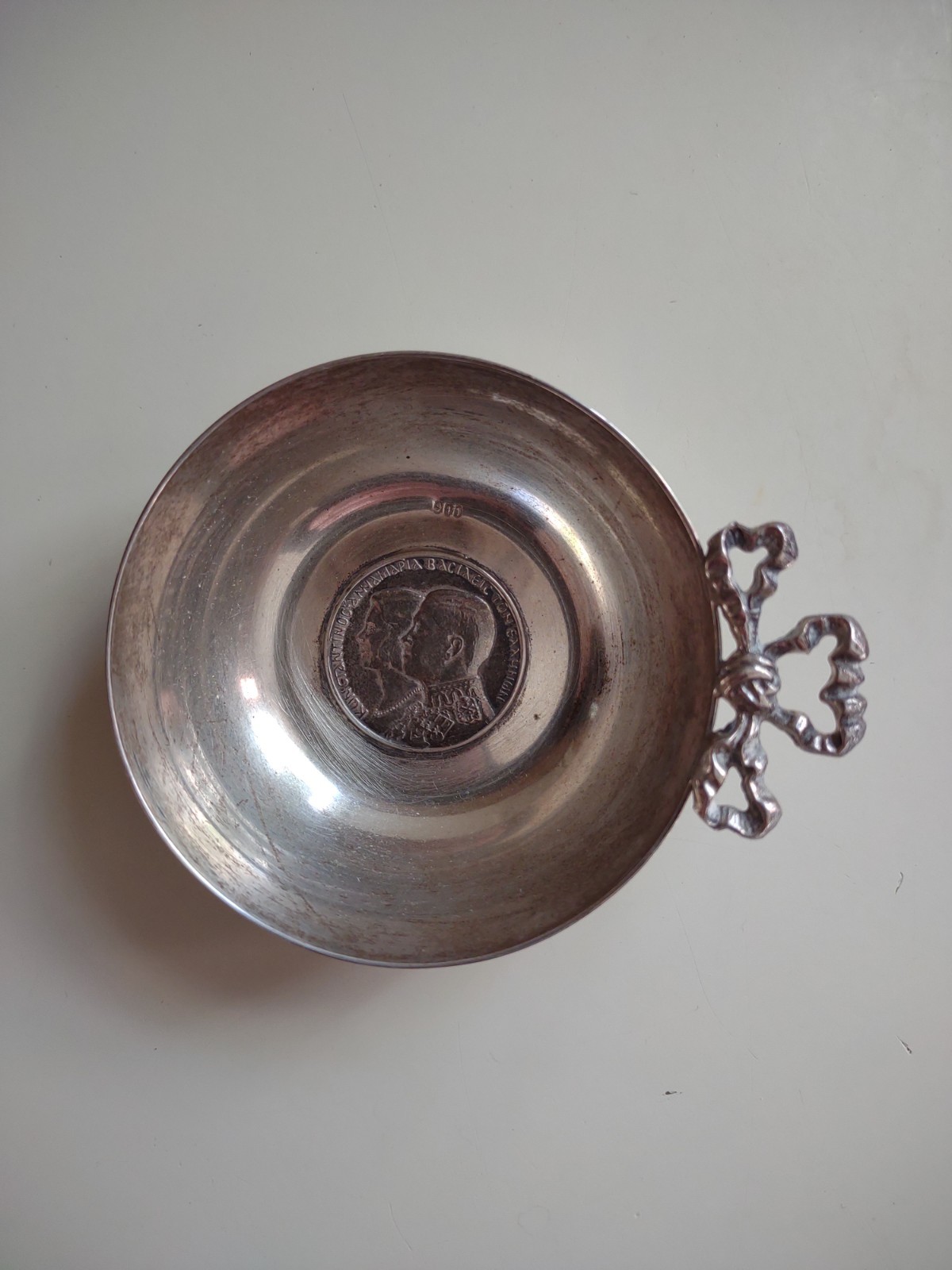 Vintage 900 Mark Silver Wine Taster Cup with 1964 30 Drachmai Greek Royal Coin