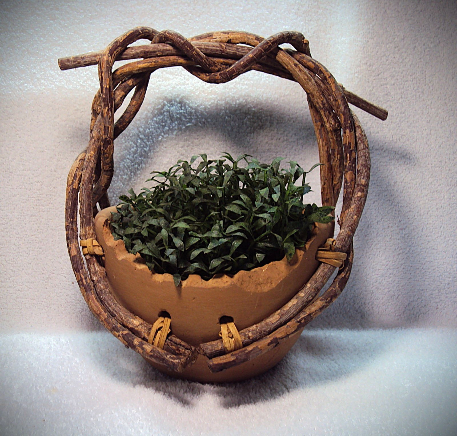 Primitive Handmade Clay Pot w/ Twigs Basket Rustic Folk Art Western Decor