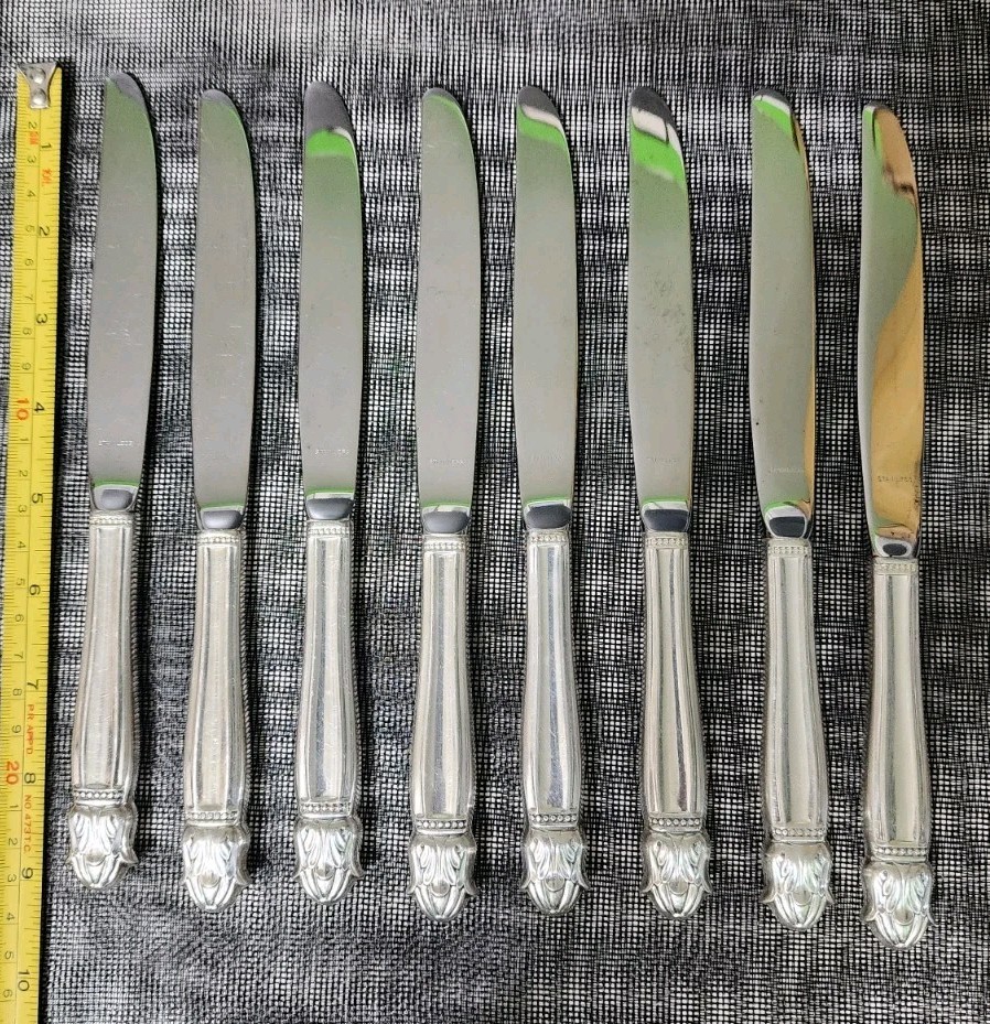LOT OF 8 VINTAGE 1938 DANISH PRINCESS 👸 MODERN HOLLOW HANDLE DINNER KNIVES