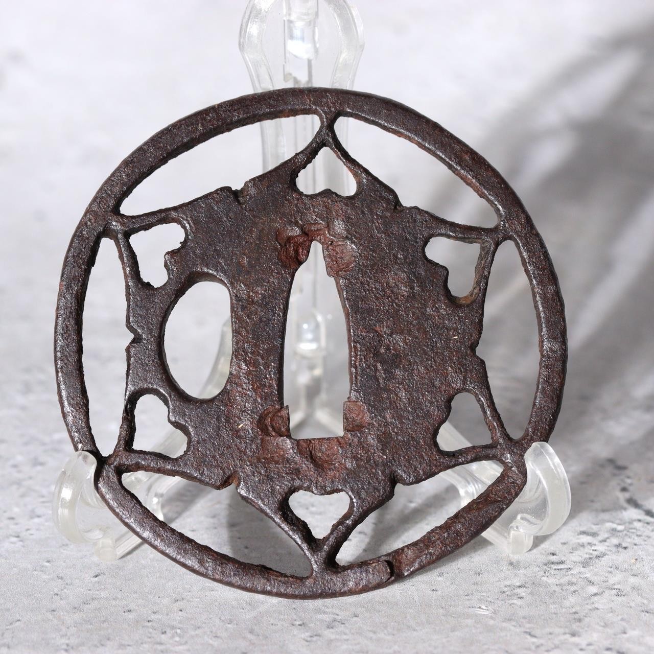 Antique Sukashi Tsuba: Iron Body Boar’s Eye Heart Motifs Muromachi Edo Period