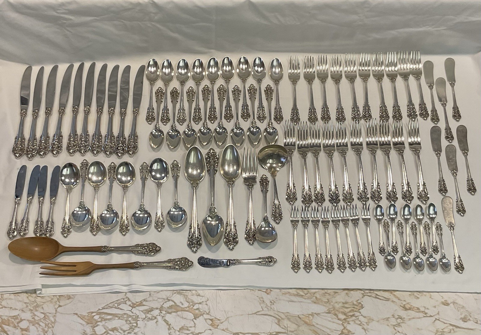 93pc Wallace Sterling Silver Grande Baroque Flatware 10 Person Service + More