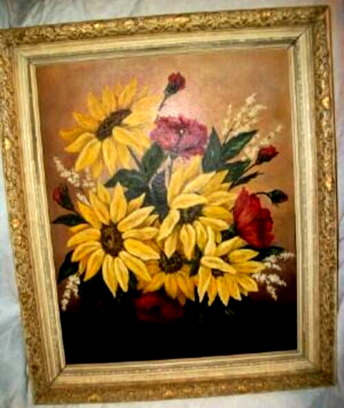 Cottagecore Sunflowers Poppies Oil Painting French Provencal Creamy Gold Frame