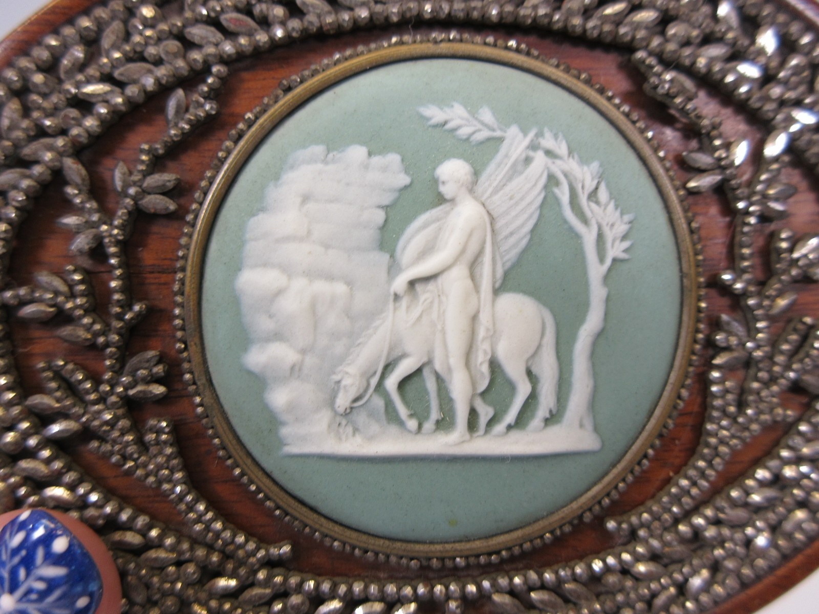 Antique cut steel overlaid wood dresser box with Wedgwood Pegasus horse plaque