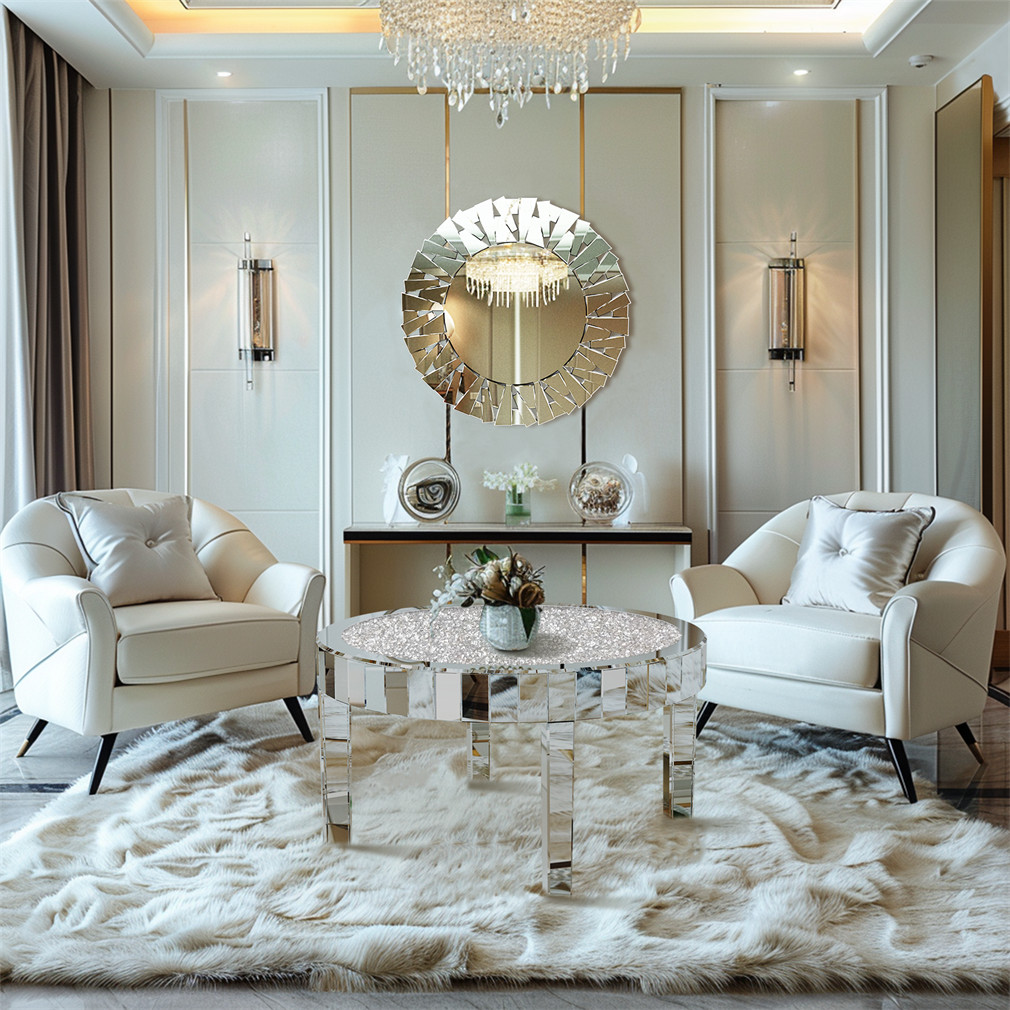 Mirrored Coffee Table Round Silver Accent Beveled Glass Edge Crystal Side Table