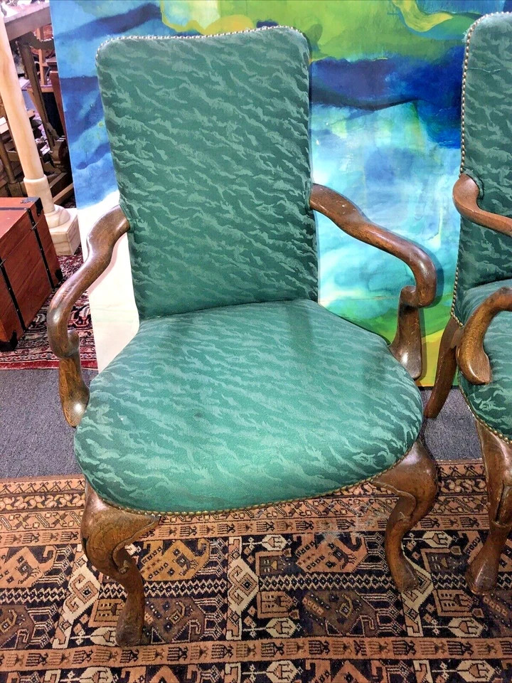 Pair Solid Mahogany Queen Anne Style Armchair